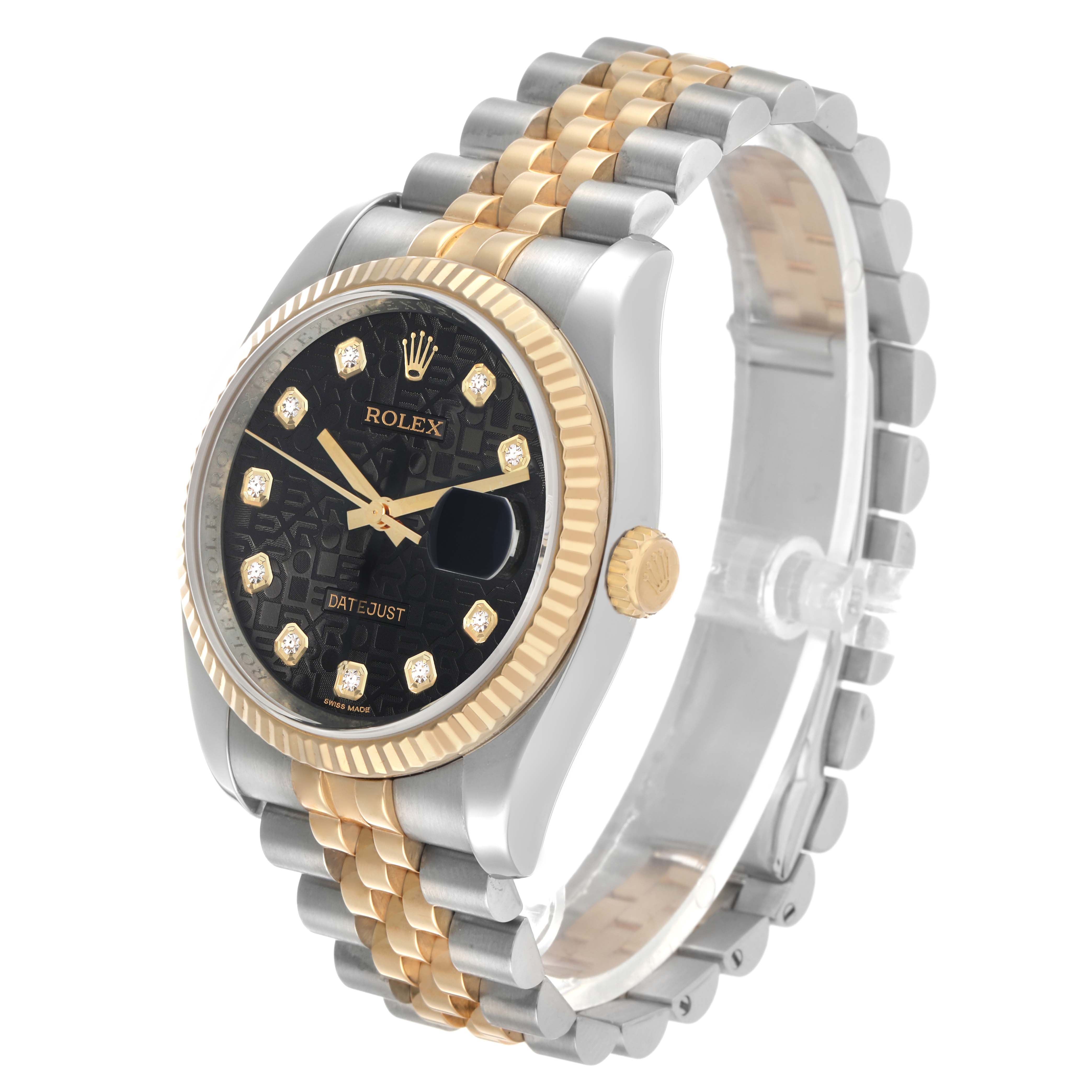 The Rolex Datejust 116233 Men's Steel and Gold (two tone) Black Dial watch is shown at an angled view, displaying its face, bezel, case, and two-tone jubilee bracelet.