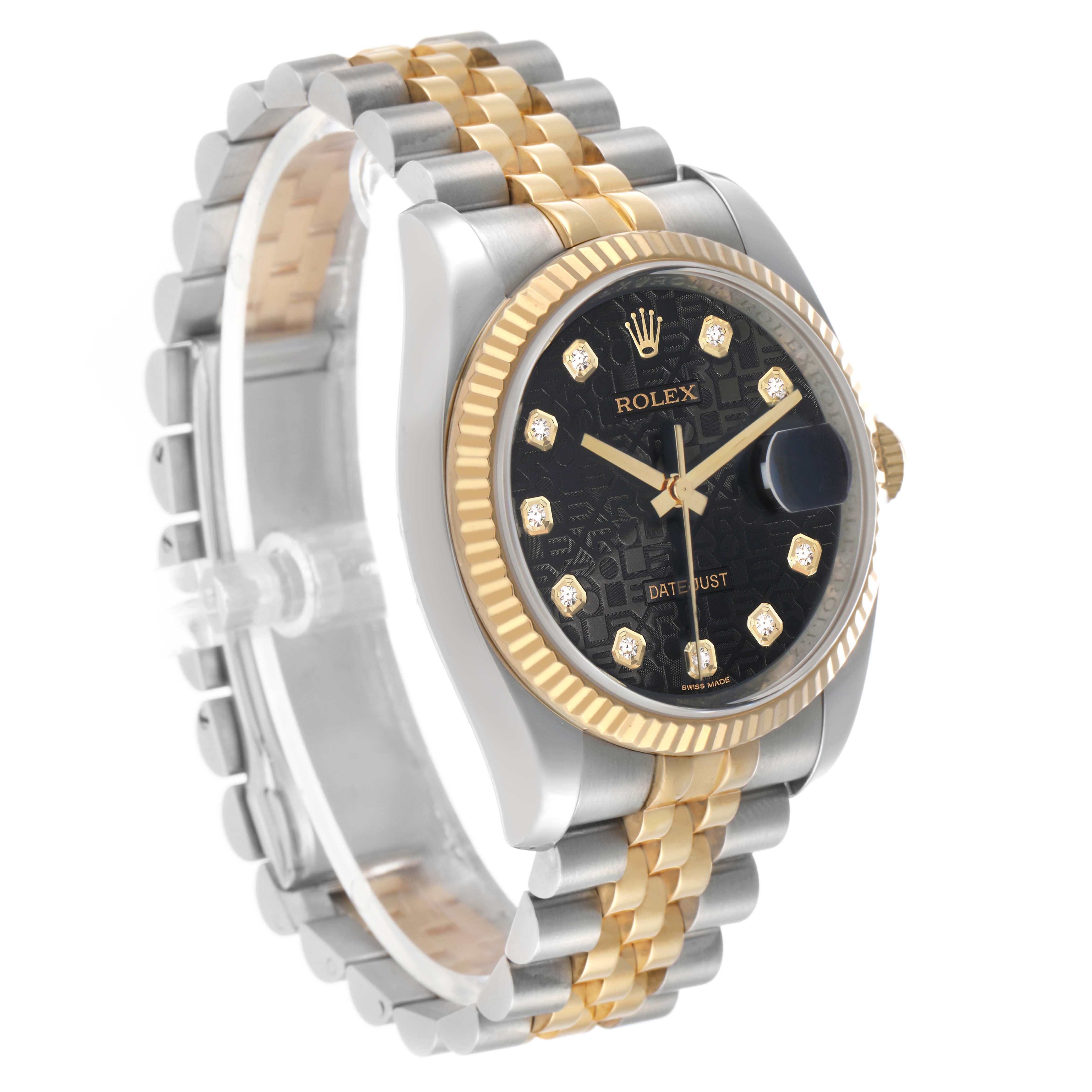 The Rolex Datejust 116233 Men's Steel and Gold (two tone) Black Dial watch is shown at an angled view displaying the dial, bezel, and part of the bracelet.