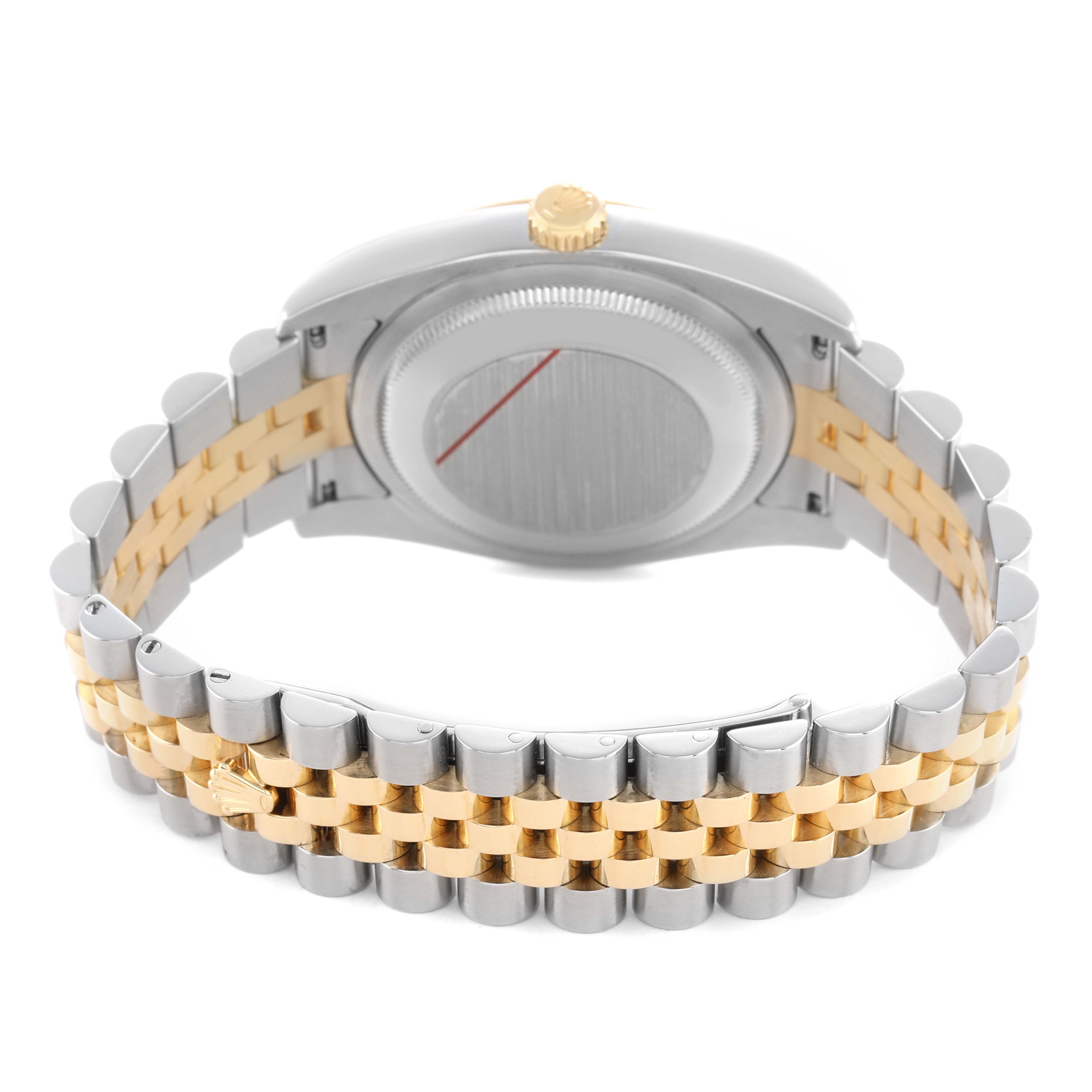 The Rolex Datejust 116233 Men's Steel and Gold (two tone) Black Dial watch is shown from the back, highlighting the steel and gold bracelet and case back.