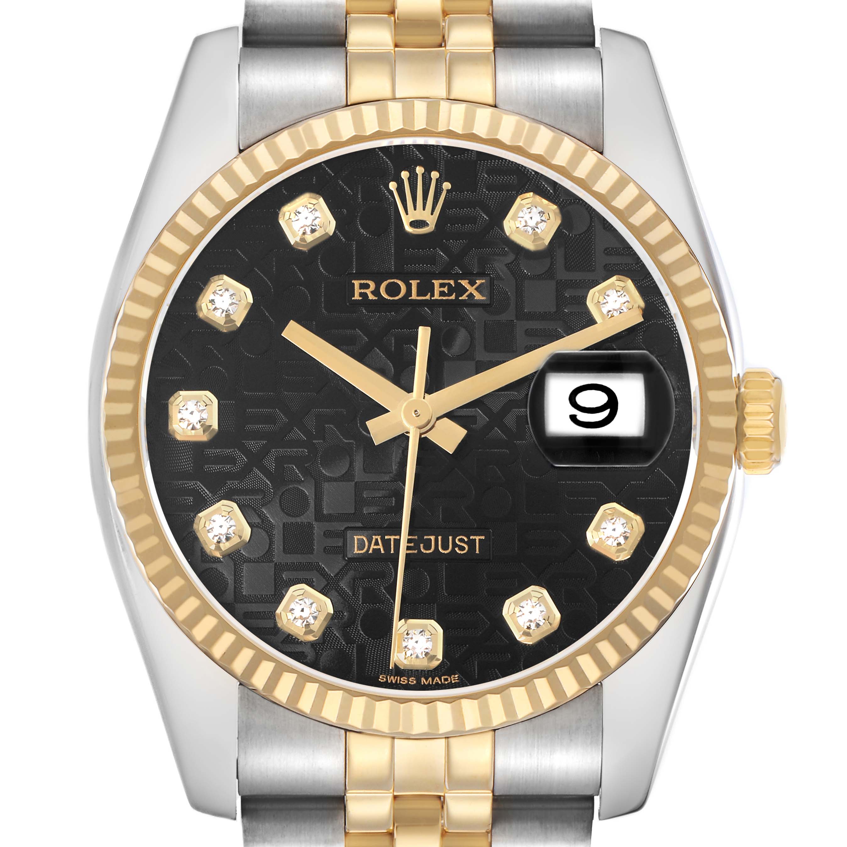 The Rolex Datejust 116233 Men's Steel and Gold (two tone) Black Dial watch is shown from a front angle, featuring the dial, bezel, crown, and part of the bracelet.