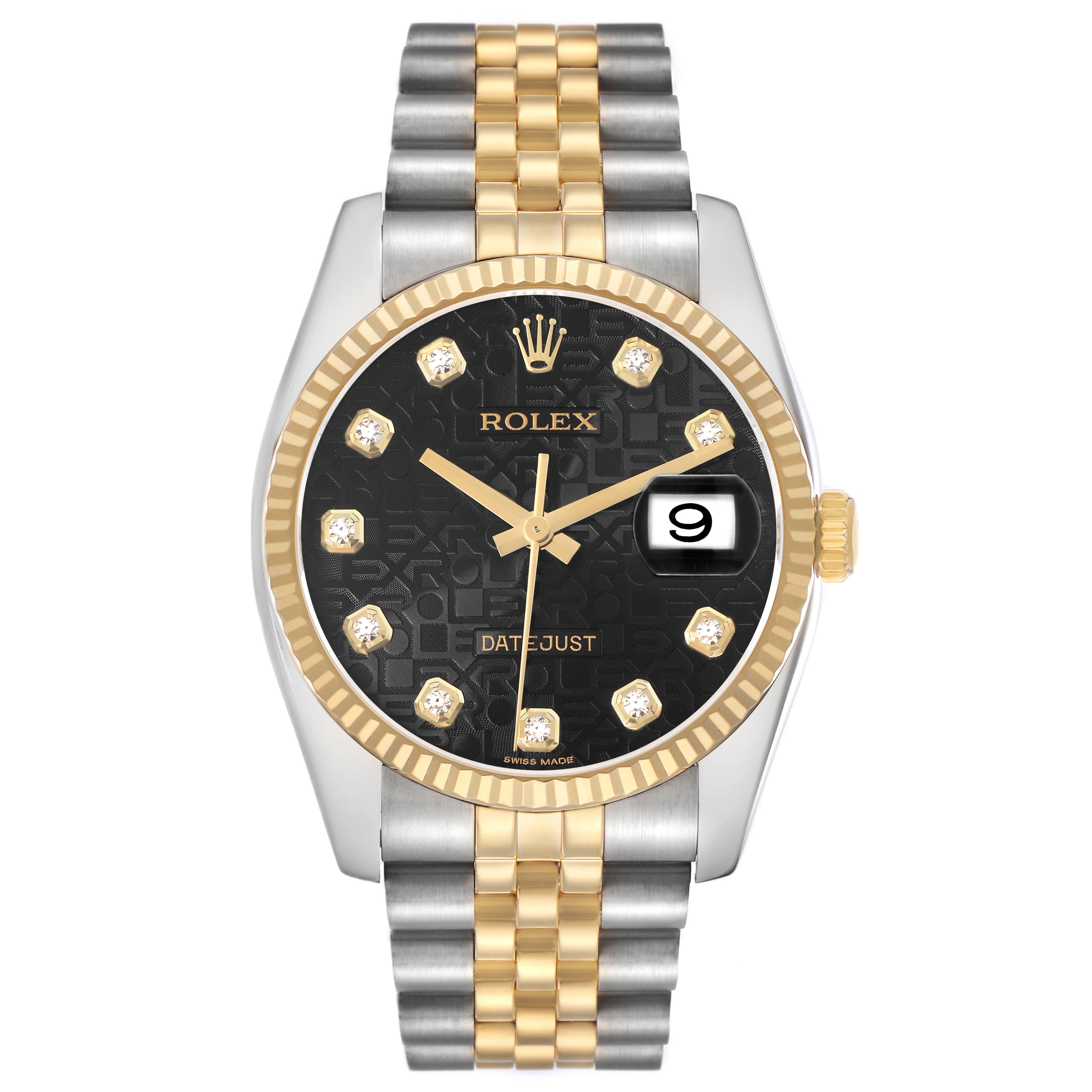 The Rolex Datejust 116233 Men's Steel and Gold (two tone) Black Dial is shown from the front, highlighting the dial, bezel, and two-tone jubilee bracelet.