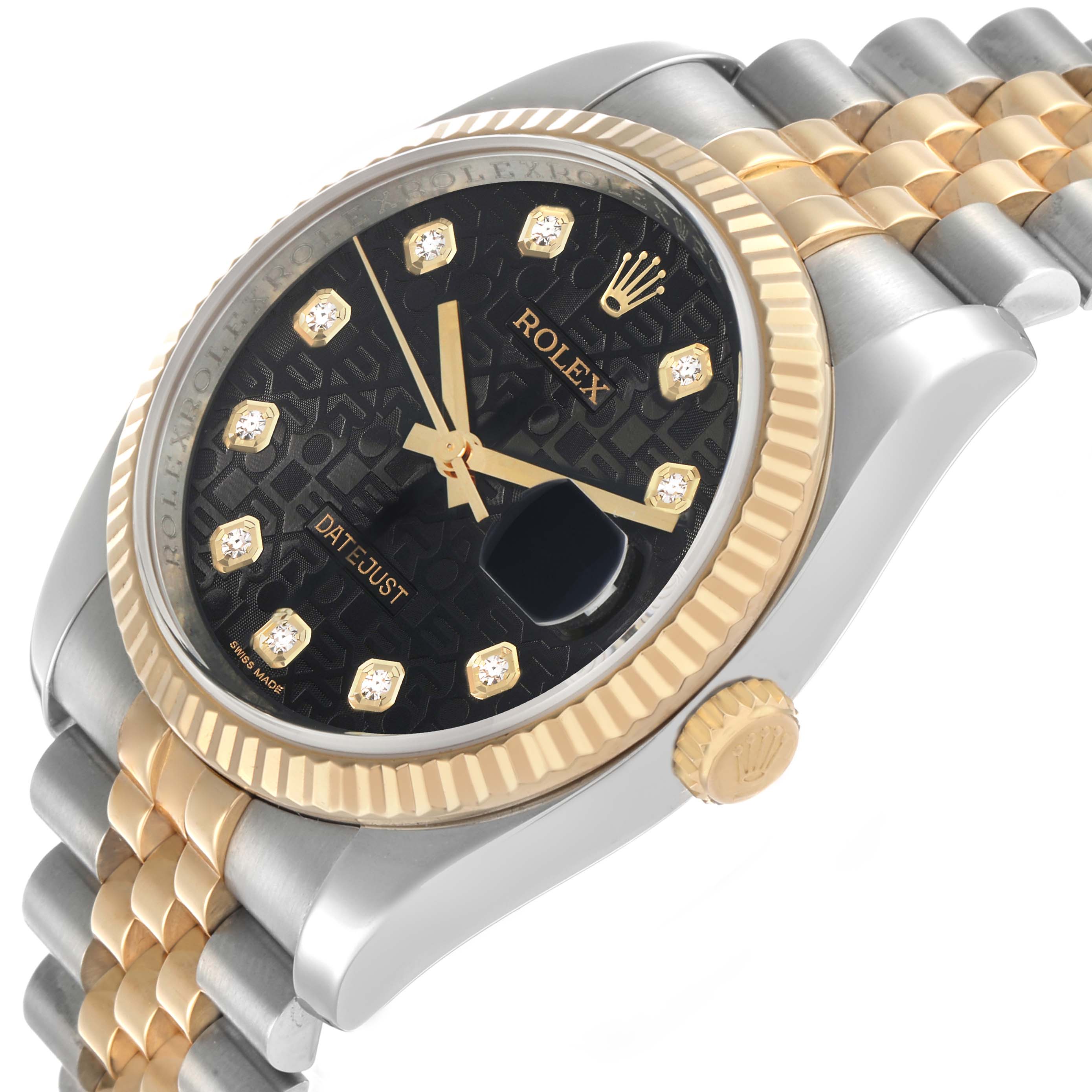 The Rolex Datejust 116233 Men's Steel and Gold (two tone) Black Dial watch is shown at an angled side view, highlighting its two-tone bracelet, black dial, and cyclops lens.
