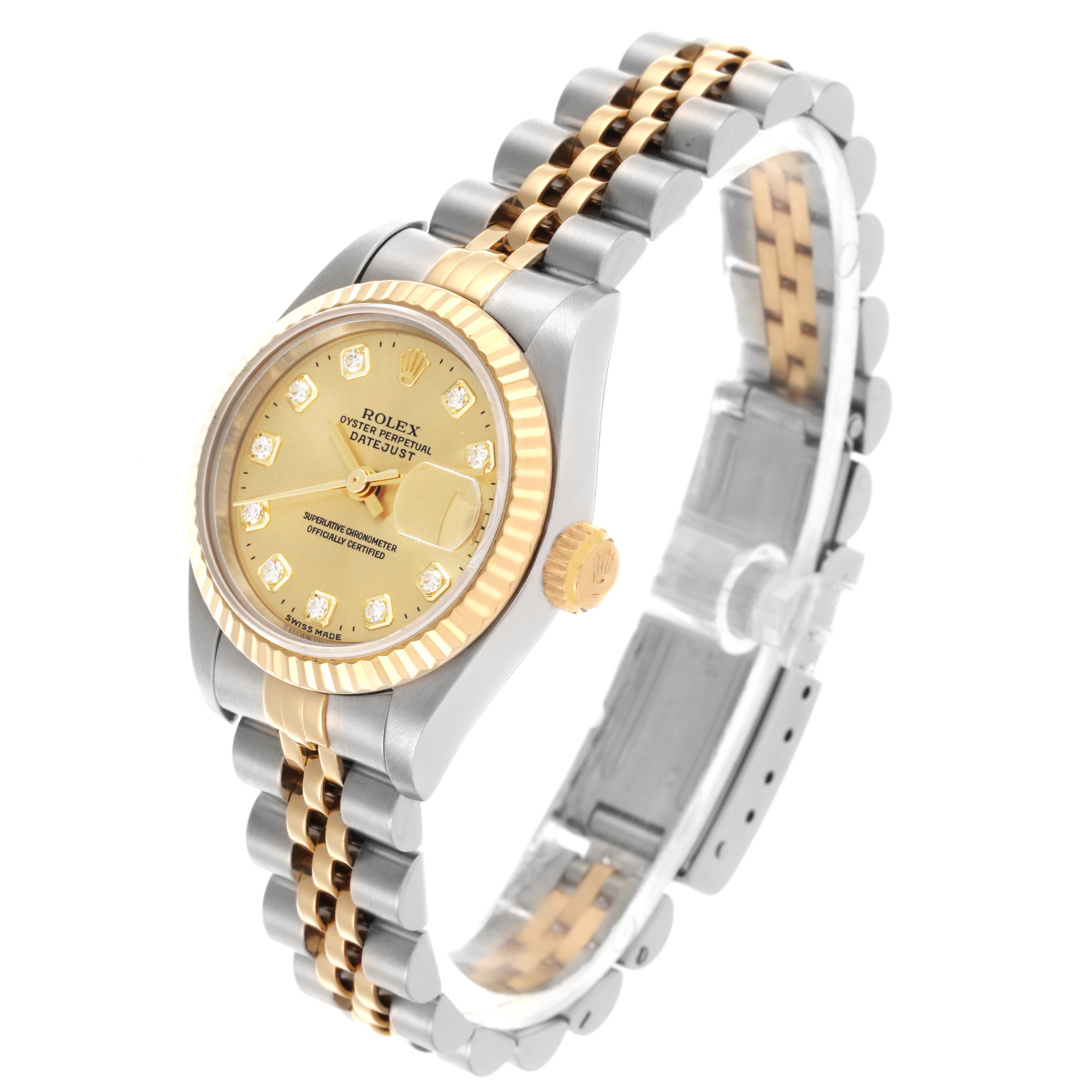 The Rolex Datejust 69173 Women's Steel and Gold (two tone) Champagne Dial 69173 Women's Steel and Gold (two tone) Champagne Dial watch is shown from an angled side view, highlighting the dial, bezel, and Jubilee bracelet.