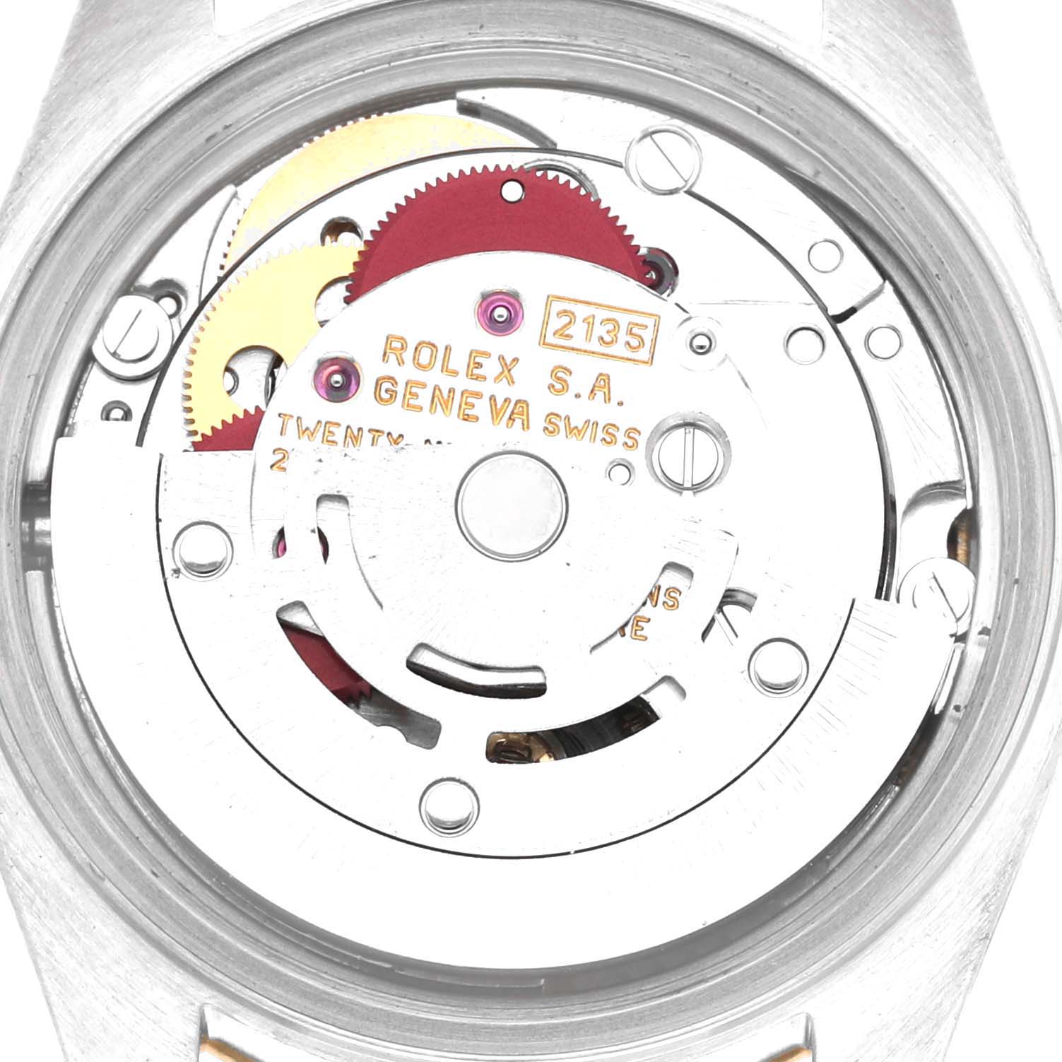 The image shows the back view of the Rolex Datejust 69173 Women's Steel and Gold (two tone) Champagne Dial 69173 Women's Steel and Gold (two tone) Champagne Dial's movement, displaying its intricate gears and components.