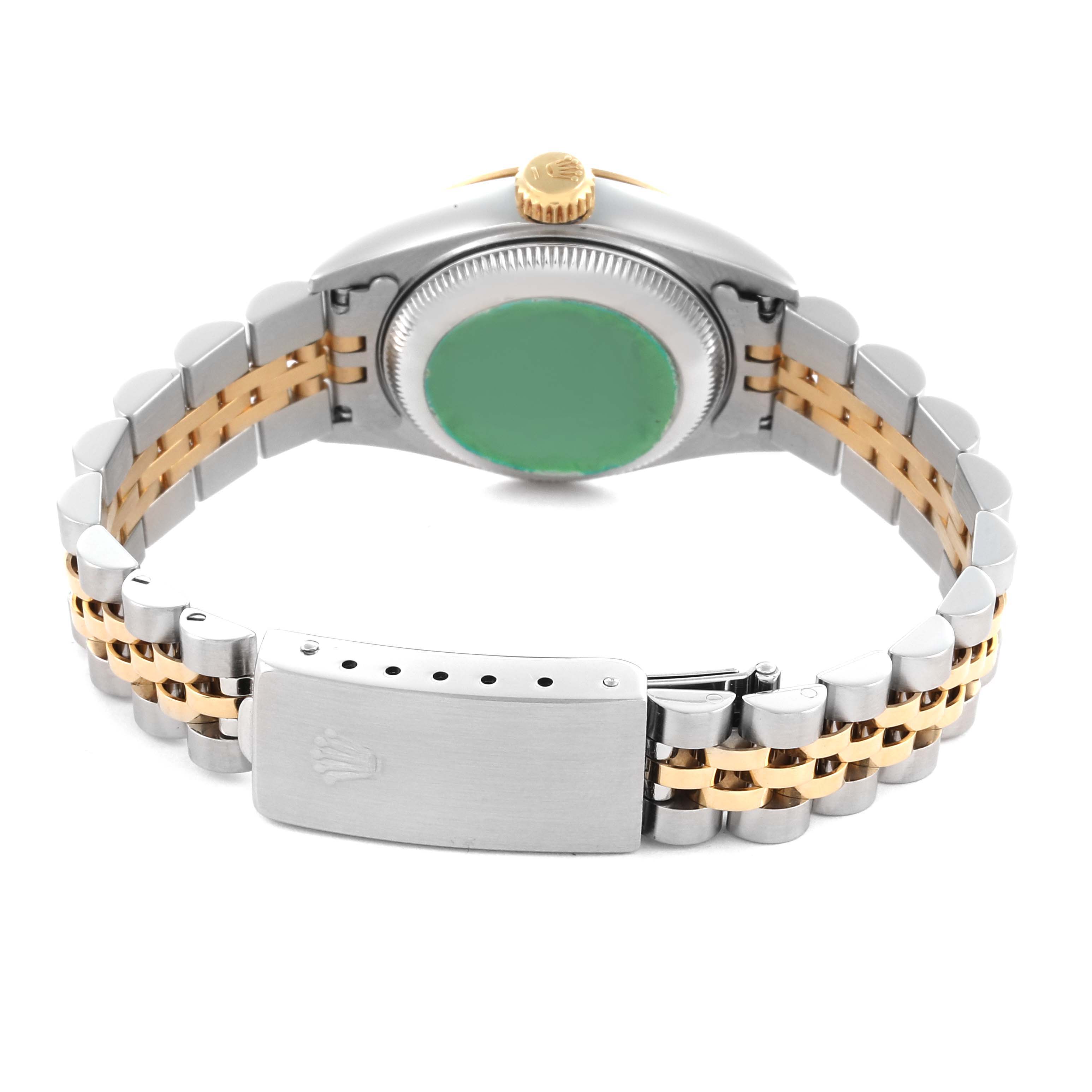 The Rolex Datejust 69173 Women's Steel and Gold (two tone) Champagne Dial 69173 Women's Steel and Gold (two tone) Champagne Dial is shown from the back, highlighting the case back, bracelet, and clasp.