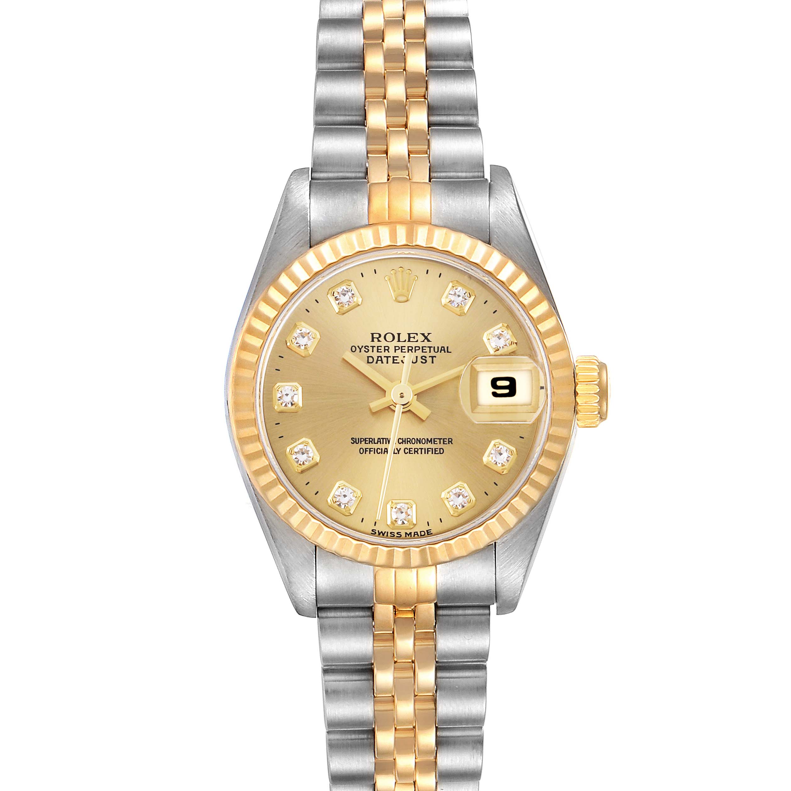 The Rolex Datejust 69173 Women's Steel and Gold (two tone) Champagne Dial 69173 Women's Steel and Gold (two tone) Champagne Dial watch is shown from a top-down angle, highlighting the bezel, dial, hands, date window, and two-tone bracelet.