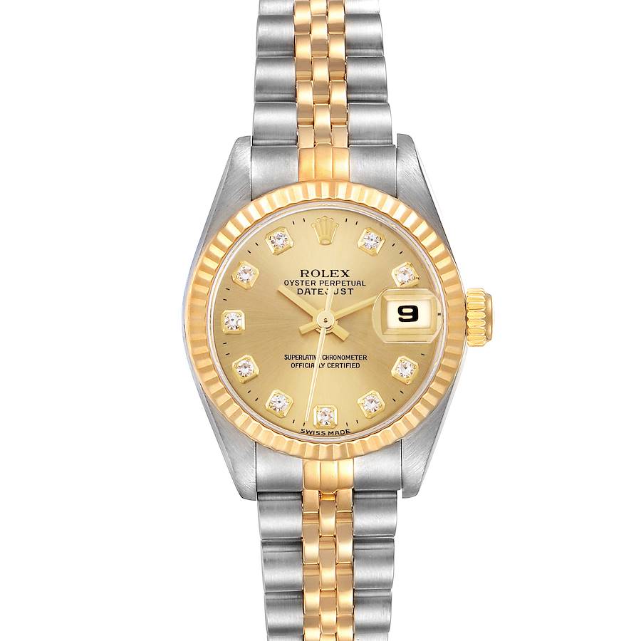 The Rolex Datejust watch is shown from a top-down angle, highlighting the bezel, dial, hands, date window, and two-tone bracelet.