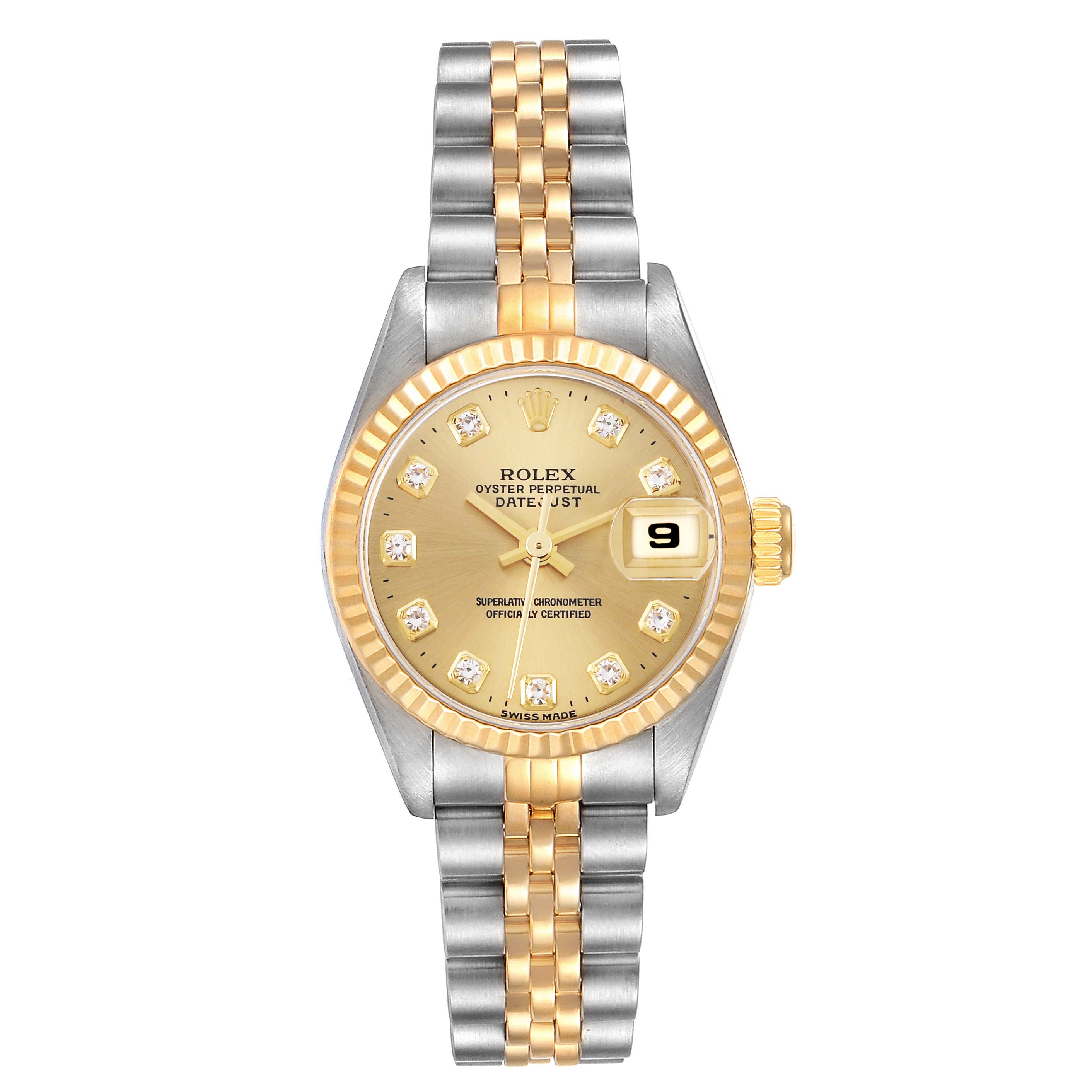 The Rolex Datejust 69173 Women's Steel and Gold (two tone) Champagne Dial 69173 Women's Steel and Gold (two tone) Champagne Dial watch is shown from a top-down angle, featuring the face, bezel, and bracelet.