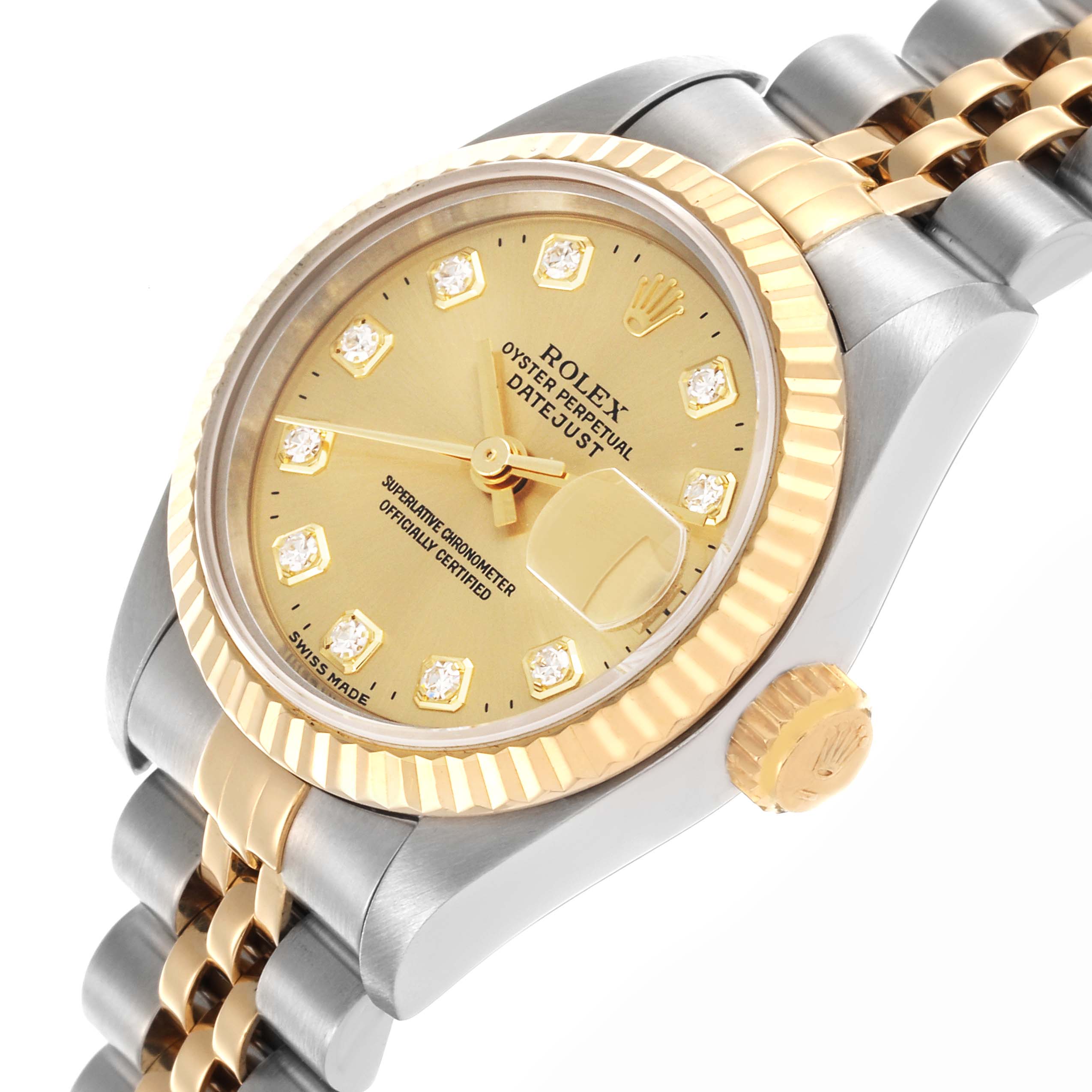 The image shows a side angle of the Rolex Datejust 69173 Women's Steel and Gold (two tone) Champagne Dial 69173 Women's Steel and Gold (two tone) Champagne Dial, featuring the dial, bezel, crown, and part of the bracelet.
