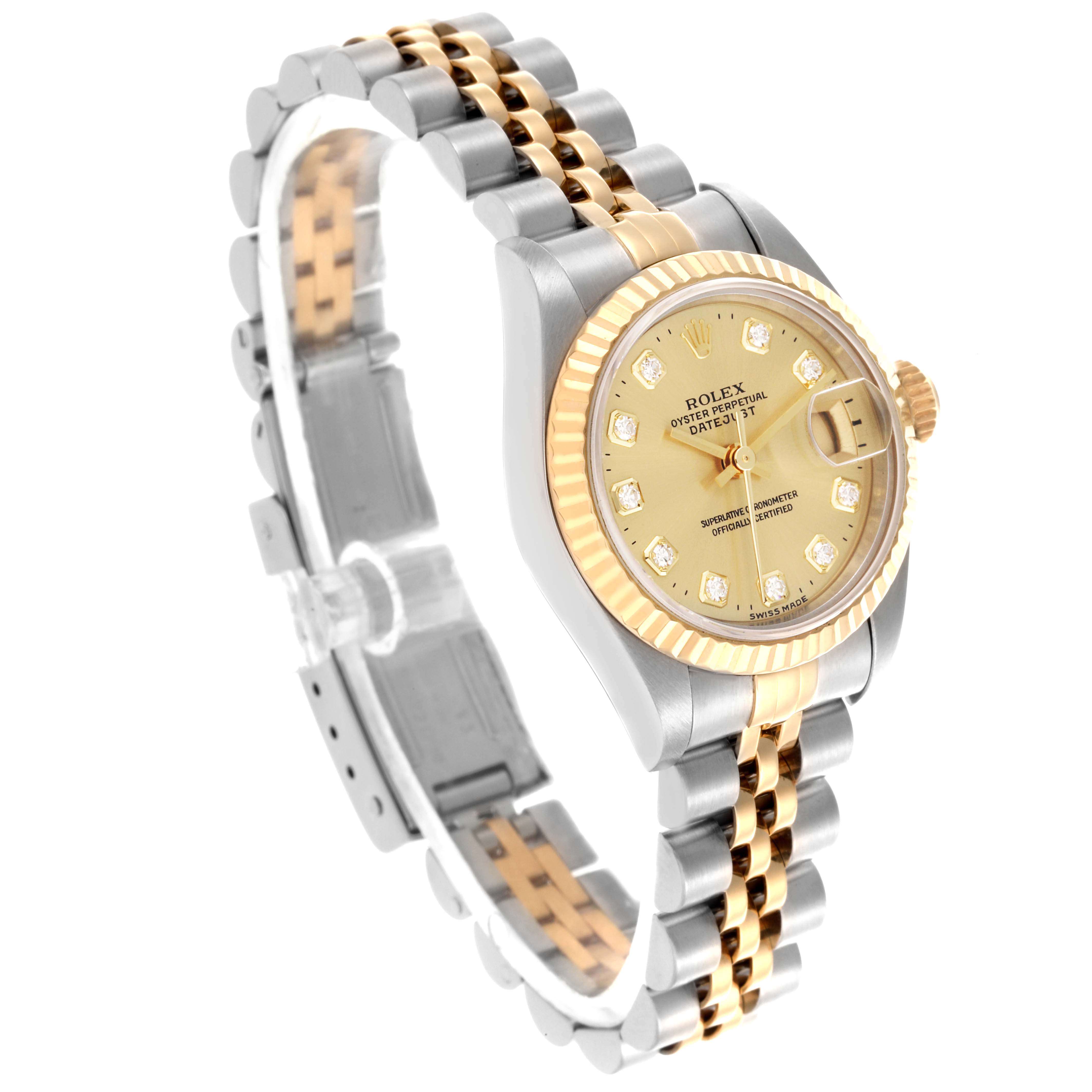 The Rolex Datejust 69173 Women's Steel and Gold (two tone) Champagne Dial 69173 Women's Steel and Gold (two tone) Champagne Dial watch is shown at a three-quarter angle, displaying the face, bezel, and two-tone bracelet.