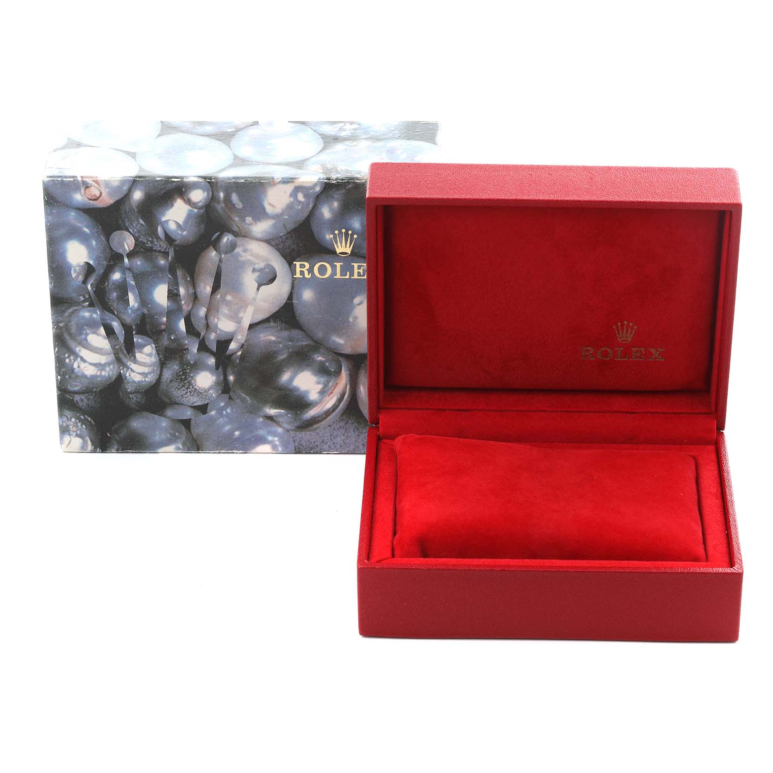 The image shows a Rolex Datejust 69173 Women's Steel and Gold (two tone) Champagne Dial 69173 Women's Steel and Gold (two tone) Champagne Dial watch box set, featuring a red velvet interior and outer packaging with the Rolex logo.