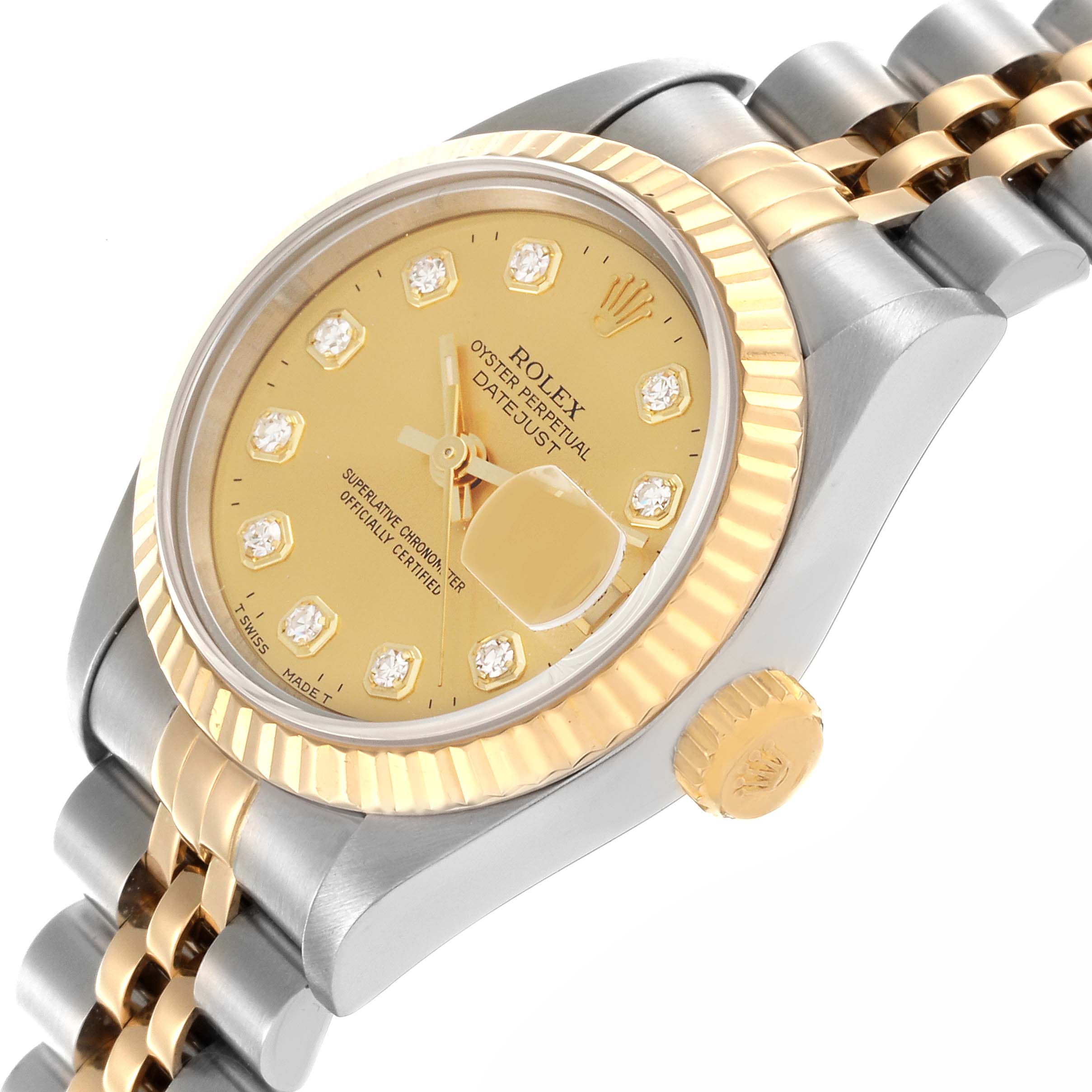 The Rolex Datejust 69173 Women's Steel and Gold (two tone) Champagne Dial 69173 Women's Steel and Gold (two tone) Champagne Dial watch is shown at a three-quarter angle, highlighting the dial, bezel, crown, and bracelet.
