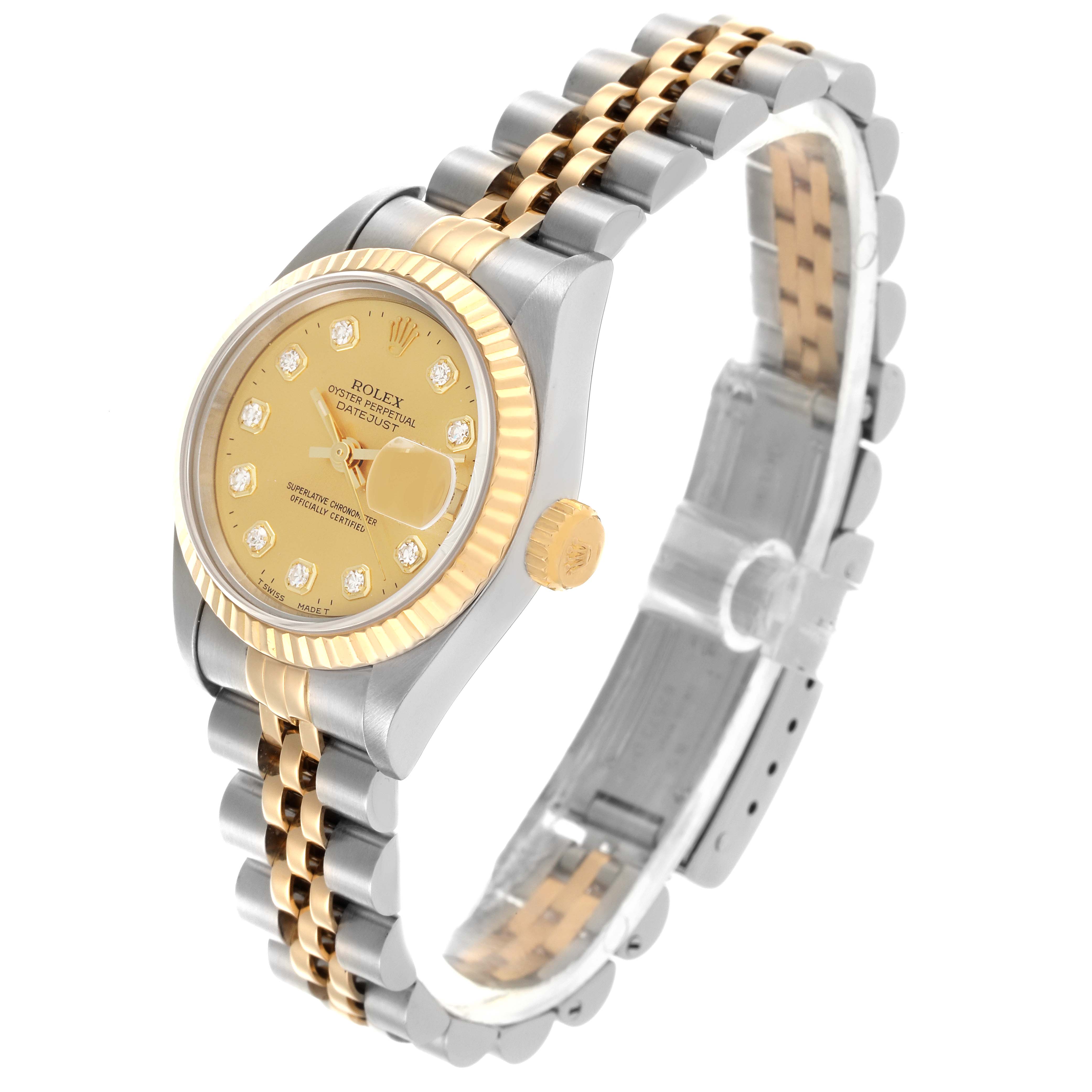 The Rolex Datejust 69173 Women's Steel and Gold (two tone) Champagne Dial 69173 Women's Steel and Gold (two tone) Champagne Dial watch is shown at a slight side angle, highlighting the dial, bezel, crown, and two-tone bracelet.
