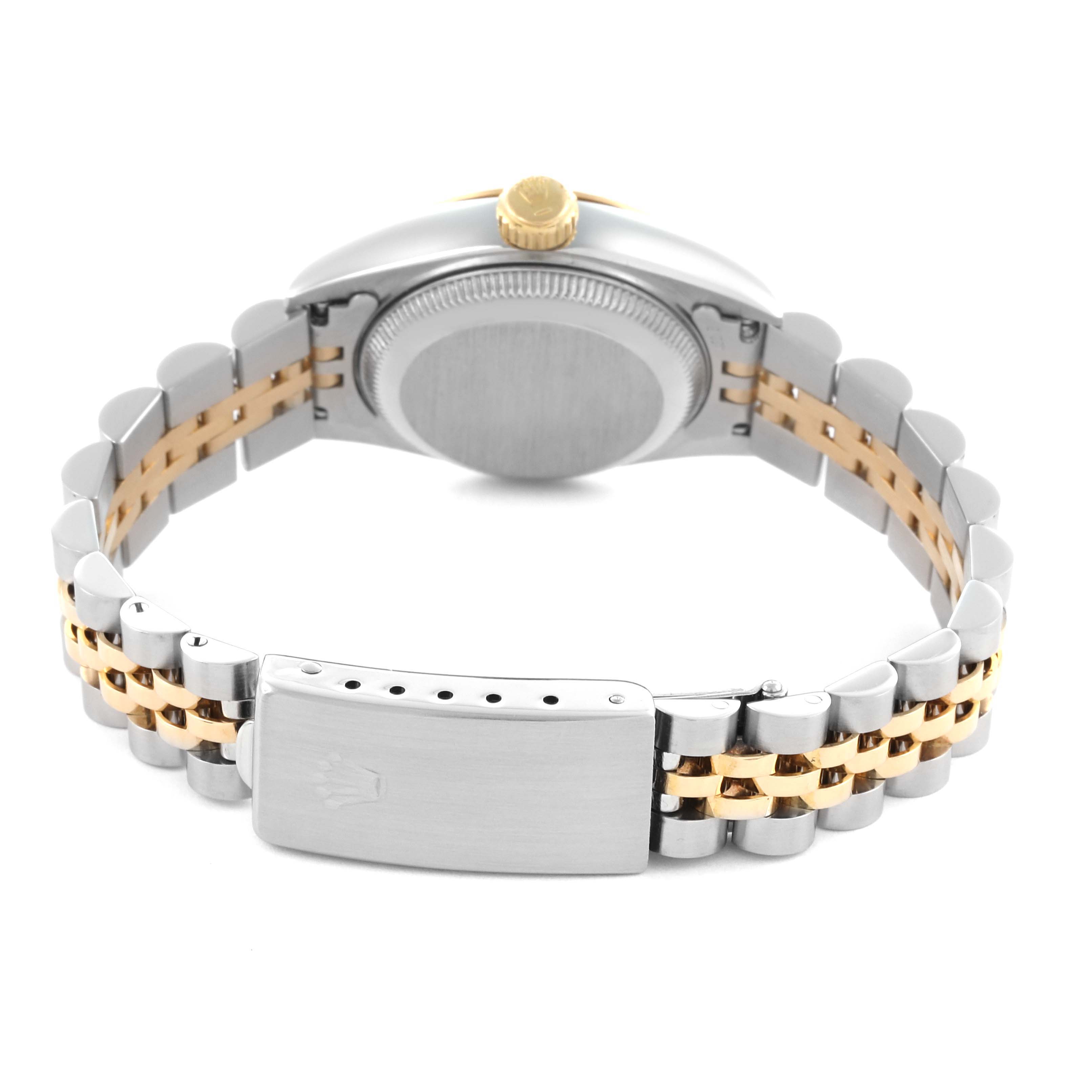 The image shows the back, clasp, and side of a Rolex Datejust 69173 Women's Steel and Gold (two tone) Champagne Dial 69173 Women's Steel and Gold (two tone) Champagne Dial watch with a two-tone bracelet.