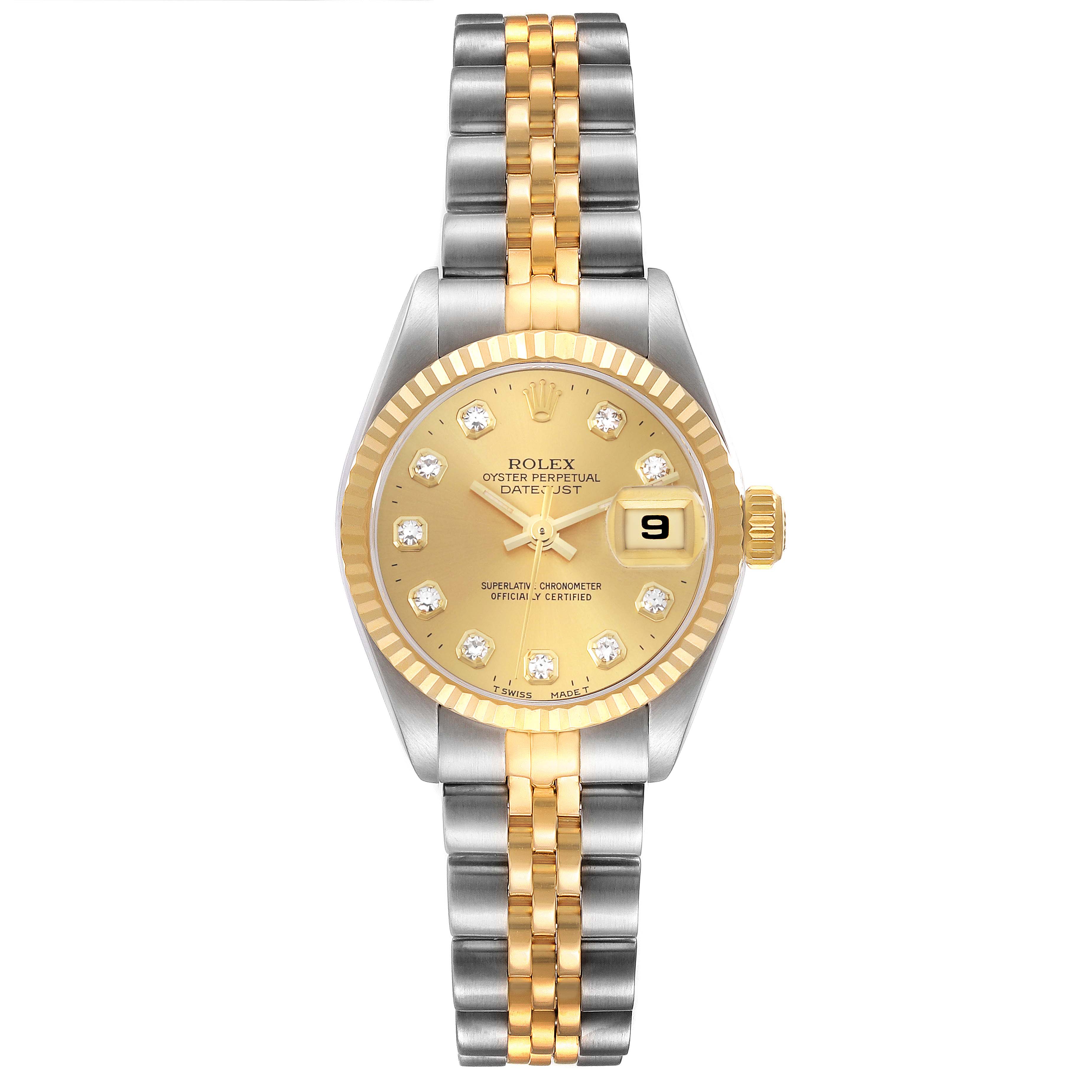 The Rolex Datejust 69173 Women's Steel and Gold (two tone) Champagne Dial 69173 Women's Steel and Gold (two tone) Champagne Dial watch is shown from a top-down angle, displaying the dial, bracelet, and bezel.