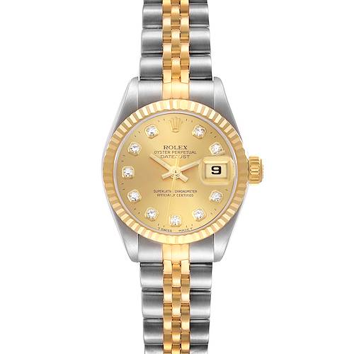 The Rolex Datejust watch is shown from a front angle, displaying the dial, bezel, and jubilee bracelet.