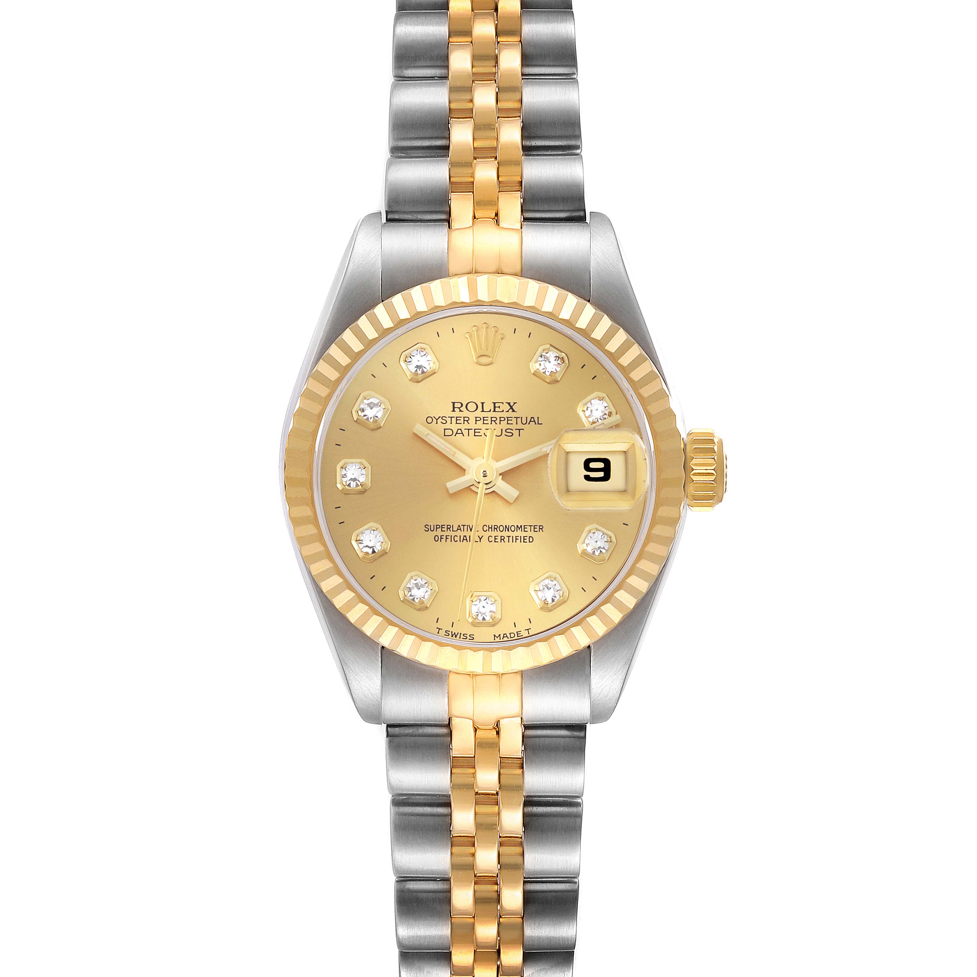 The Rolex Datejust 69173 Women's Steel and Gold (two tone) Champagne Dial 69173 Women's Steel and Gold (two tone) Champagne Dial watch is shown from the front, displaying its gold and silver bracelet and diamond-studded dial.