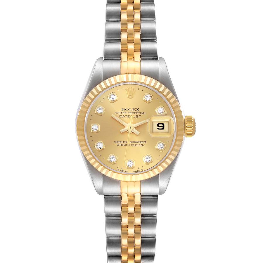 The Rolex Datejust watch is shown from the front, displaying its gold and silver bracelet and diamond-studded dial.