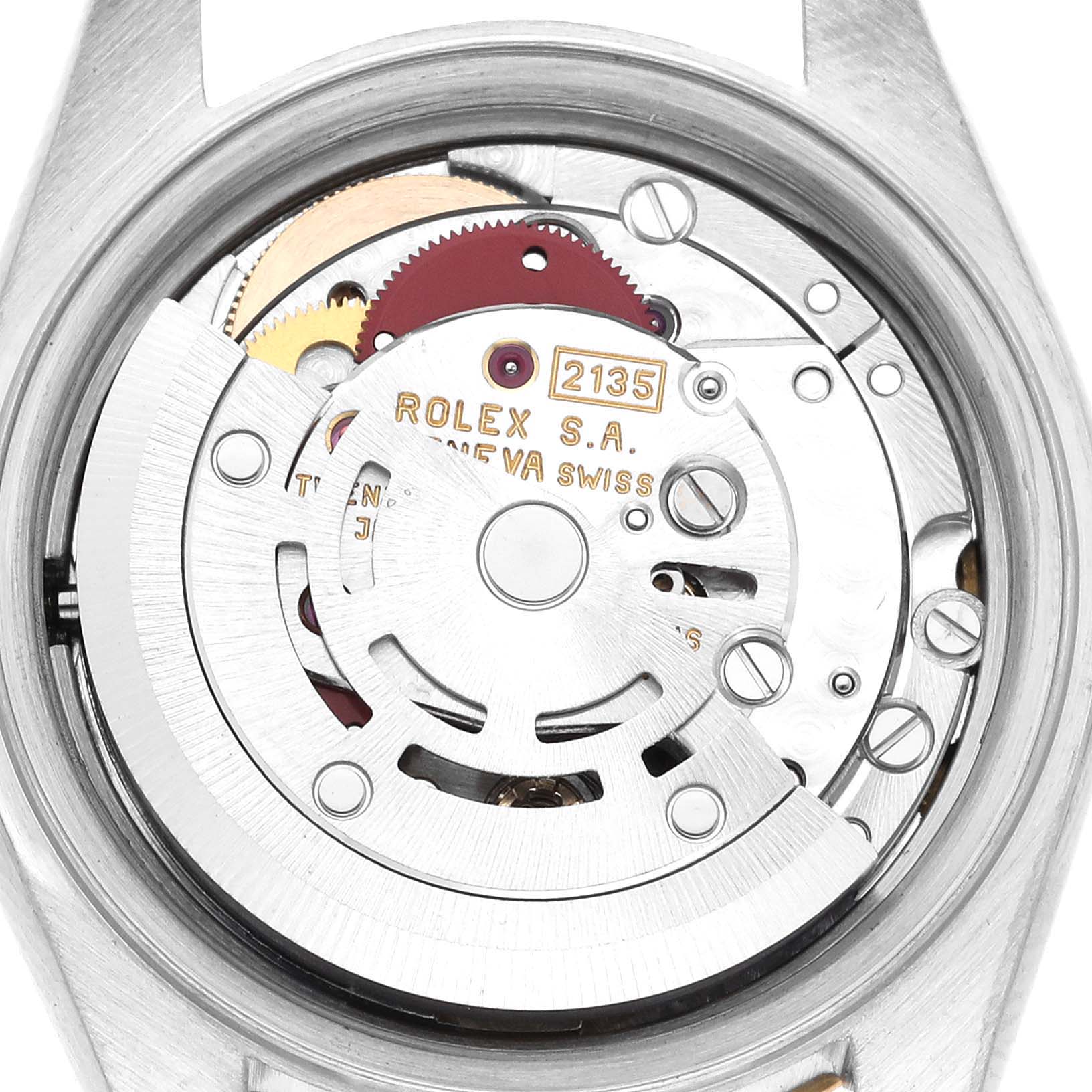 This image shows the movement mechanism of a Rolex Datejust 69173 Women's Steel and Gold (two tone) Champagne Dial 69173 Women's Steel and Gold (two tone) Champagne Dial watch from a top-down angle.