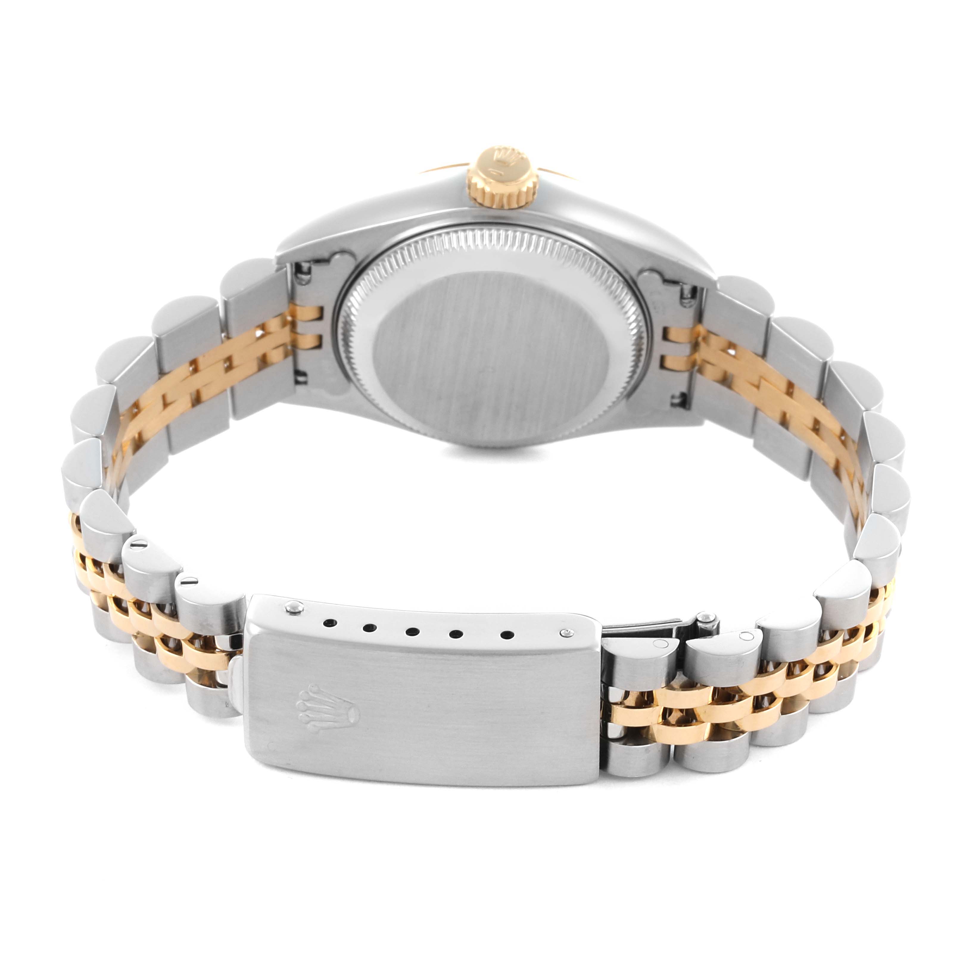The image shows the back angle of a Rolex Datejust 69173 Women's Steel and Gold (two tone) Champagne Dial 69173 Women's Steel and Gold (two tone) Champagne Dial, highlighting the bracelet and clasp.