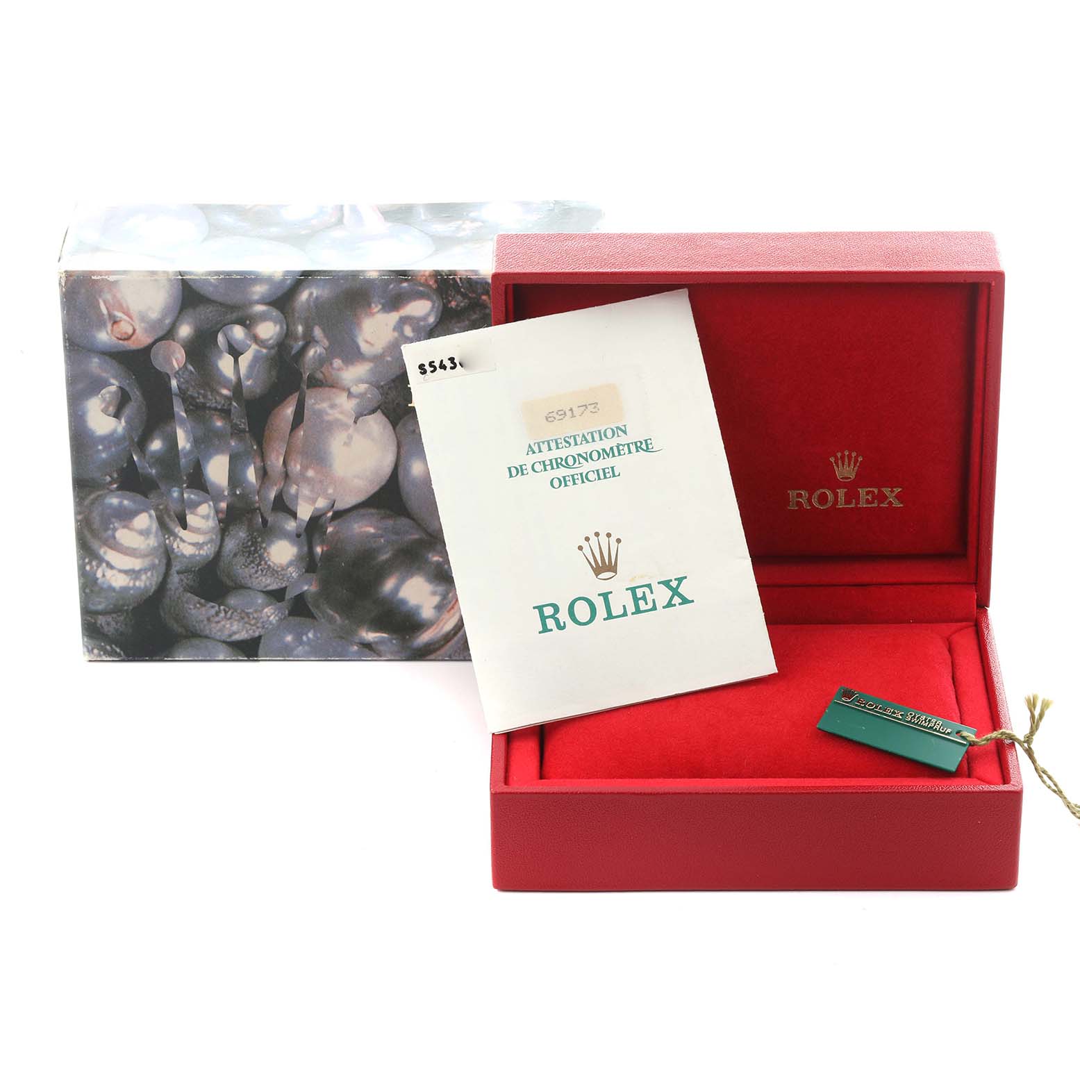 The image shows a Rolex Datejust 69173 Women's Steel and Gold (two tone) Champagne Dial 69173 Women's Steel and Gold (two tone) Champagne Dial box set with a certificate and tag, viewed from the front.