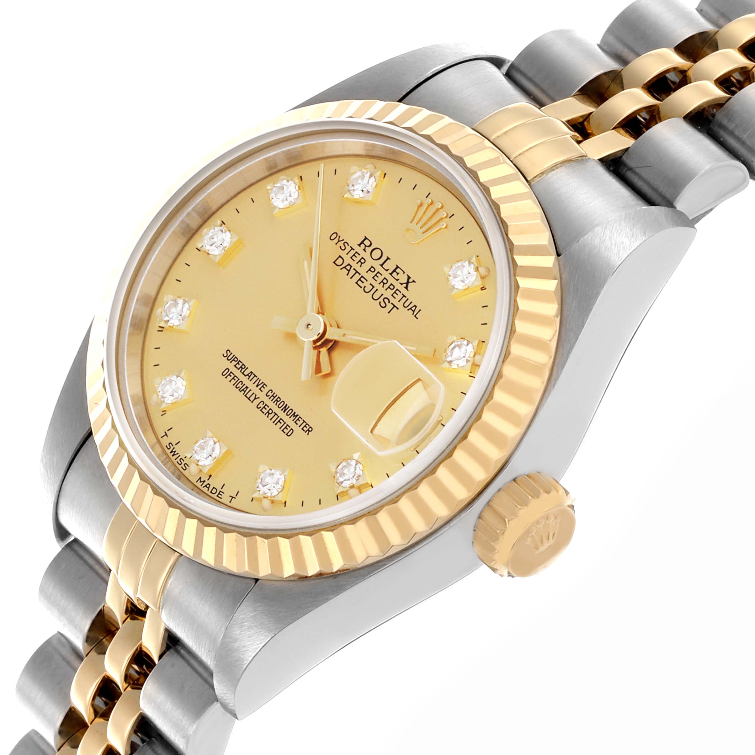 The Rolex Datejust 69173 Women's Steel and Gold (two tone) Champagne Dial 69173 Women's Steel and Gold (two tone) Champagne Dial is shown at a slight angle, highlighting the dial, bezel, crown, and part of the bracelet.