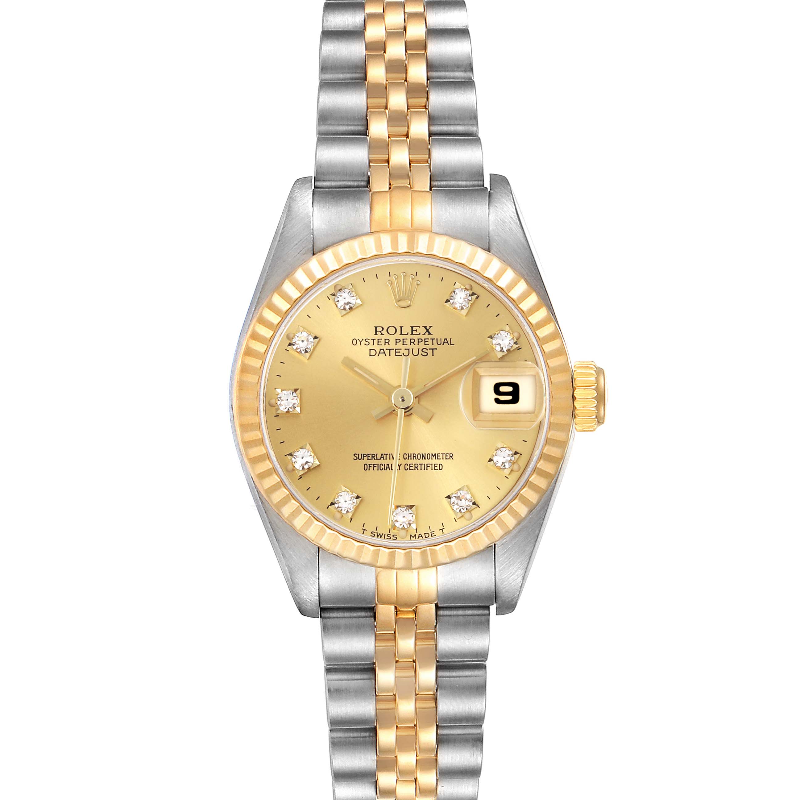 The Rolex Datejust 69173 Women's Steel and Gold (two tone) Champagne Dial 69173 Women's Steel and Gold (two tone) Champagne Dial watch is shown from a top-down angle, displaying the dial, bezel, and jubilee bracelet.