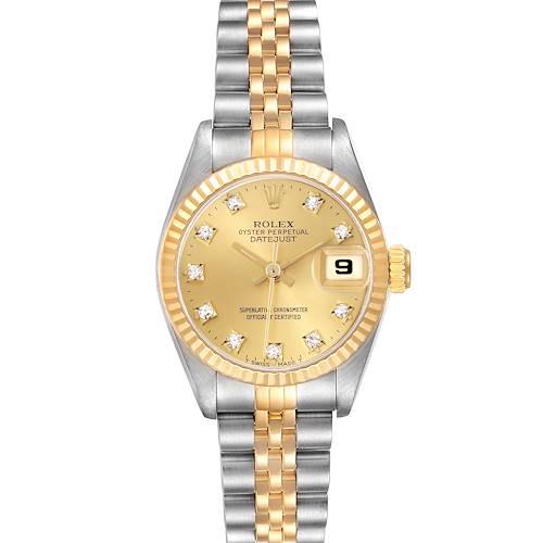 The Rolex Datejust watch is shown from a top view, displaying the dial, fluted bezel, and Jubilee bracelet.