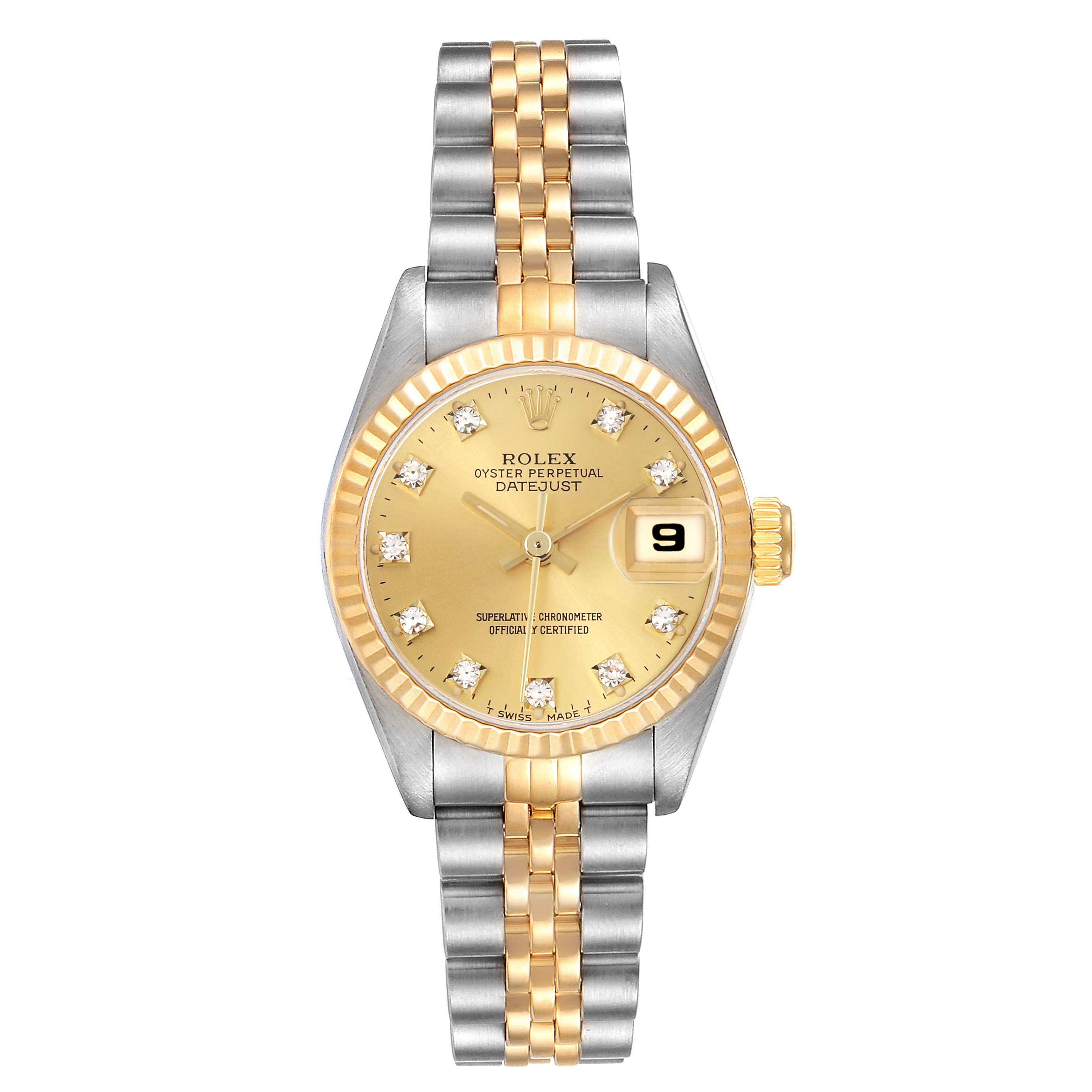 The Rolex Datejust 69173 Women's Steel and Gold (two tone) Champagne Dial 69173 Women's Steel and Gold (two tone) Champagne Dial watch is shown from the front, displaying the dial, bezel, and two-tone bracelet.