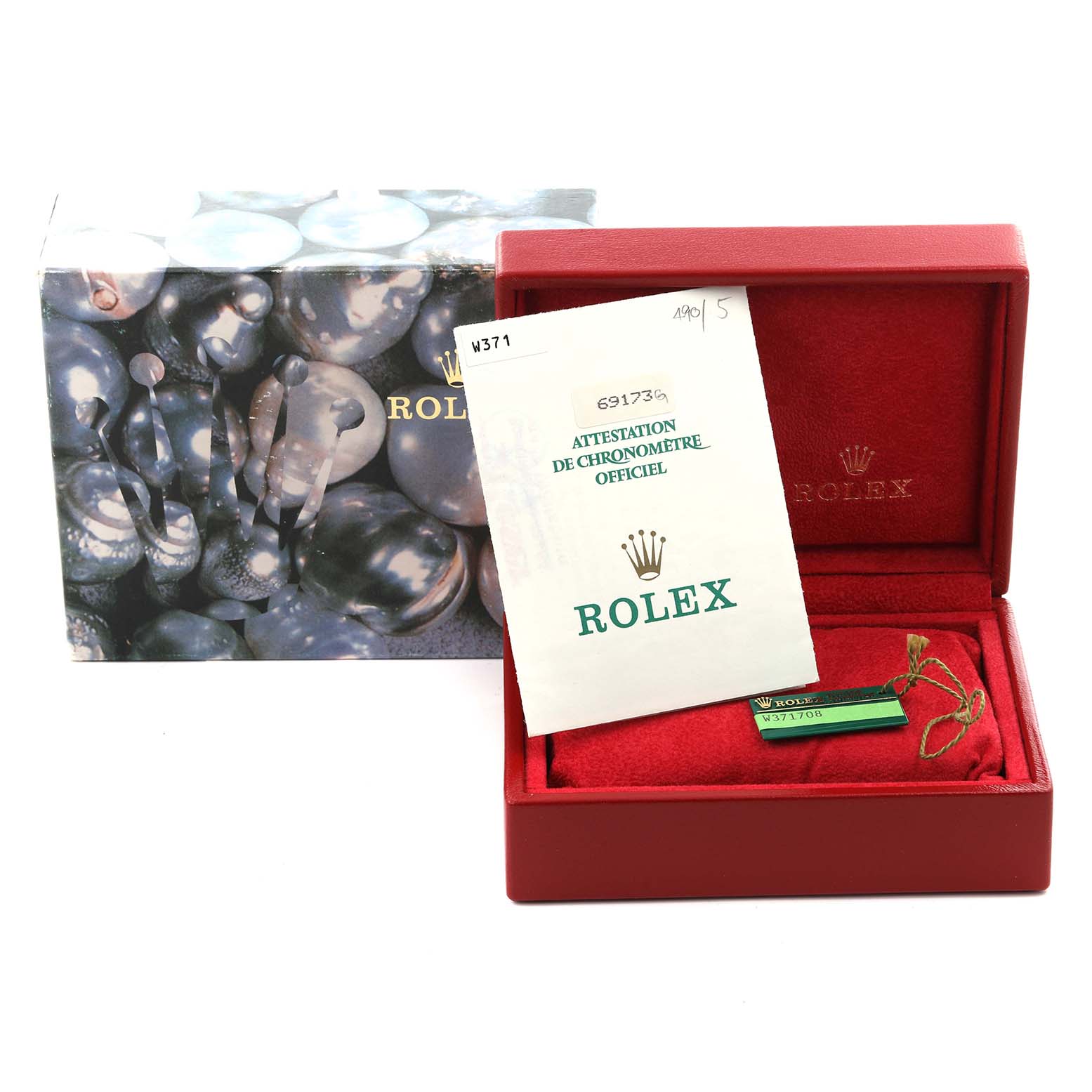 The image shows a Rolex Datejust 69173 Women's Steel and Gold (two tone) Champagne Dial 69173 Women's Steel and Gold (two tone) Champagne Dial watch box, booklet, and tag viewed from the front.