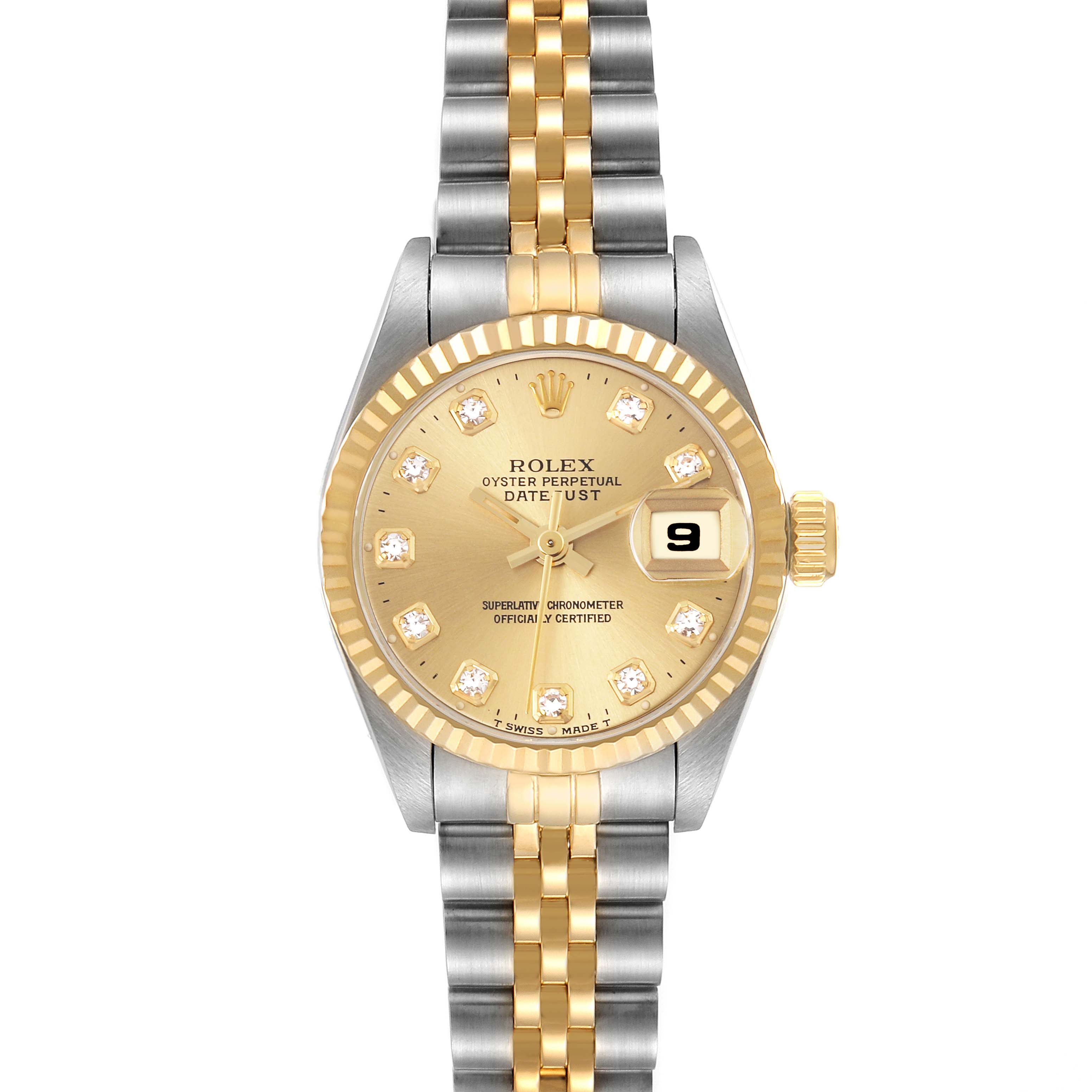 The Rolex Datejust 69173 Women's Steel and Gold (two tone) Champagne Dial 69173 Women's Steel and Gold (two tone) Champagne Dial watch is shown from the front, displaying the gold dial, fluted bezel, Jubilee bracelet, and date window.