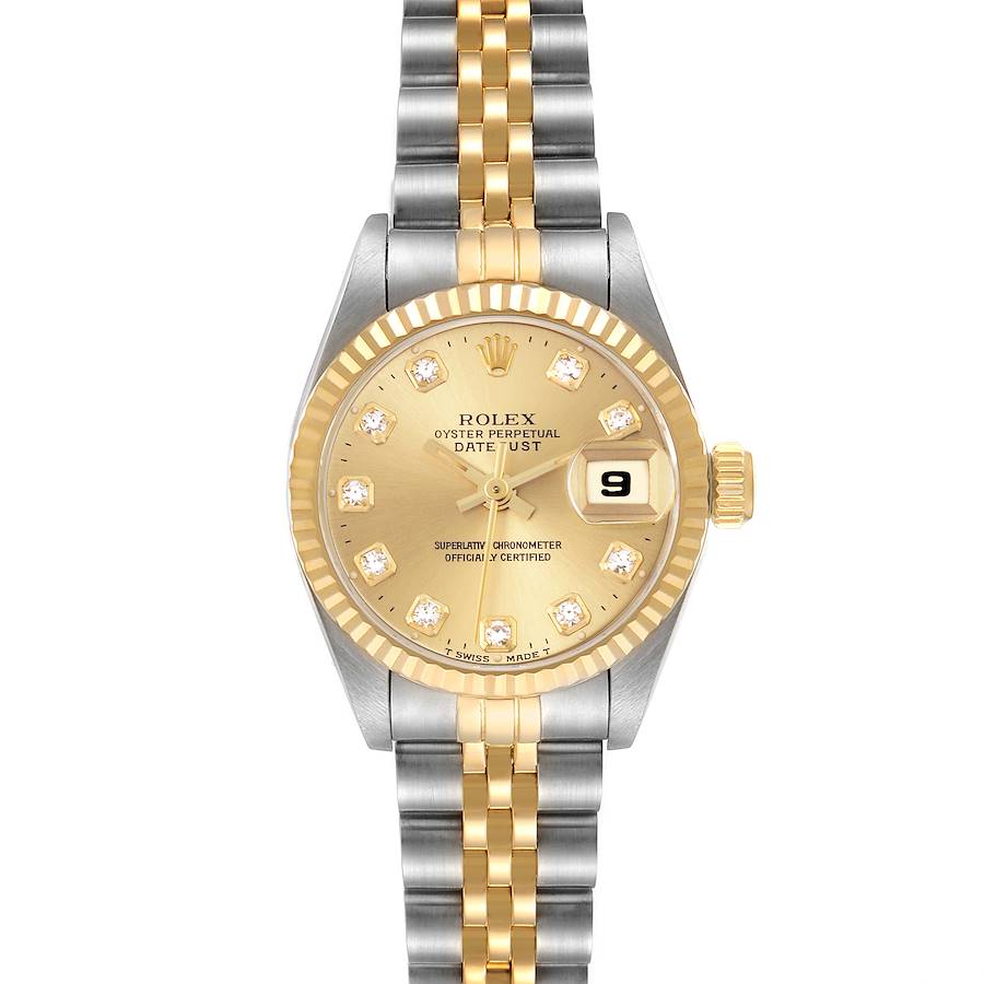 The Rolex Datejust watch is shown from the front, displaying the gold dial, fluted bezel, Jubilee bracelet, and date window.