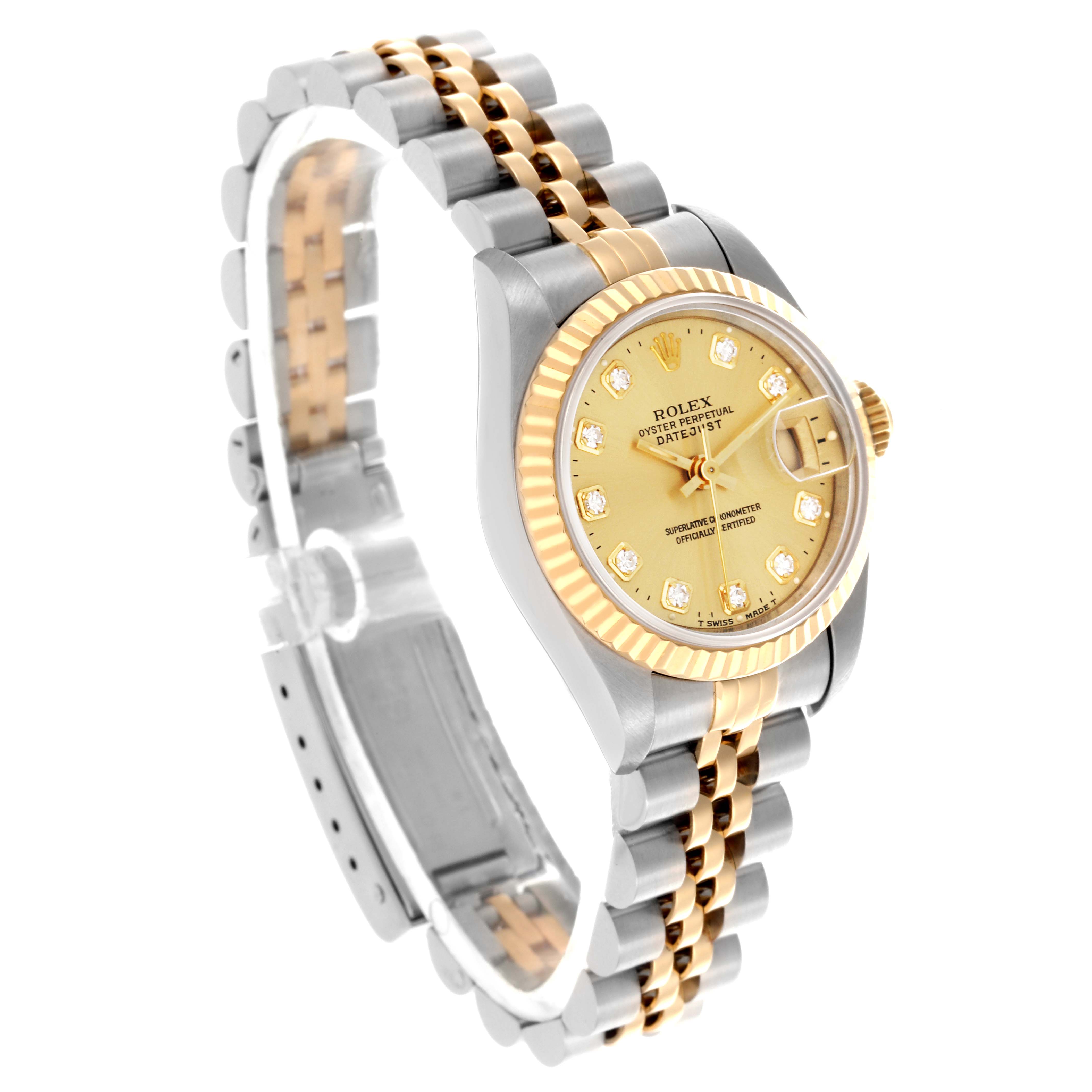 The Rolex Datejust 69173 Women's Steel and Gold (two tone) Champagne Dial 69173 Women's Steel and Gold (two tone) Champagne Dial watch is shown at a three-quarter angle, highlighting the face, case, and metal bracelet.