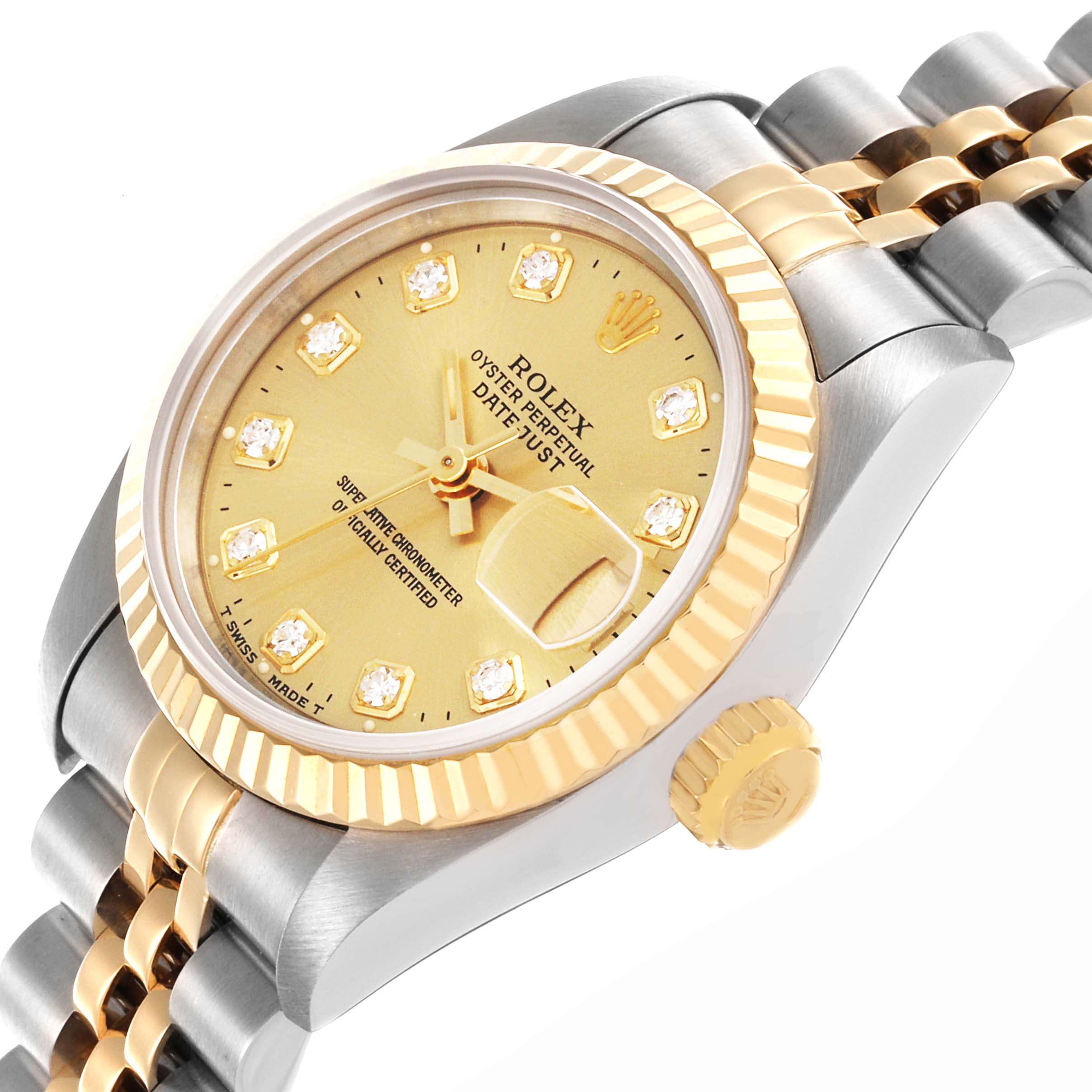 The Rolex Datejust 69173 Women's Steel and Gold (two tone) Champagne Dial 69173 Women's Steel and Gold (two tone) Champagne Dial watch is angled to show its gold dial, fluted bezel, and two-tone Jubilee bracelet.