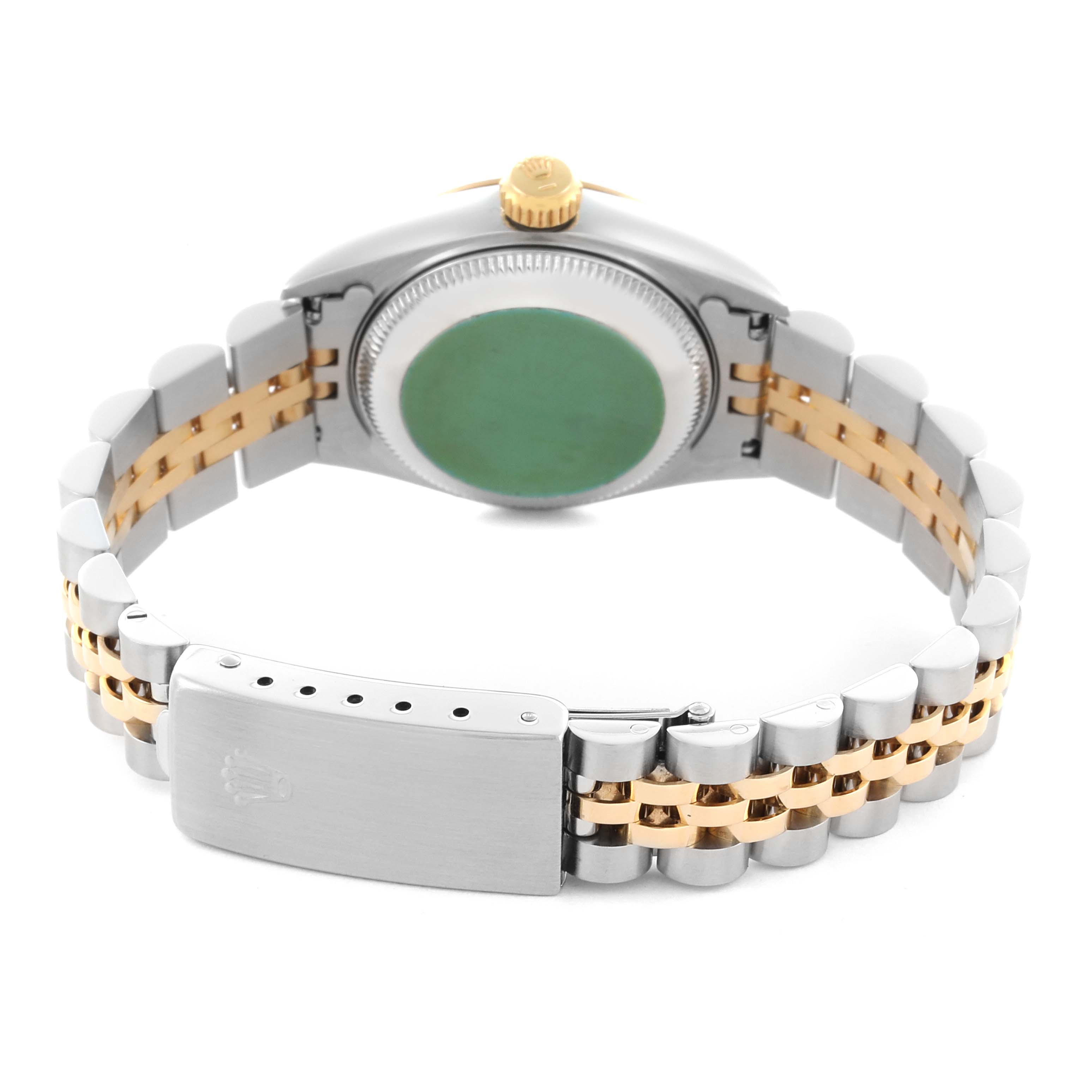 The image shows the back and bracelet of a Rolex Datejust 69173 Women's Steel and Gold (two tone) Champagne Dial 69173 Women's Steel and Gold (two tone) Champagne Dial, highlighting the clasp and case back.