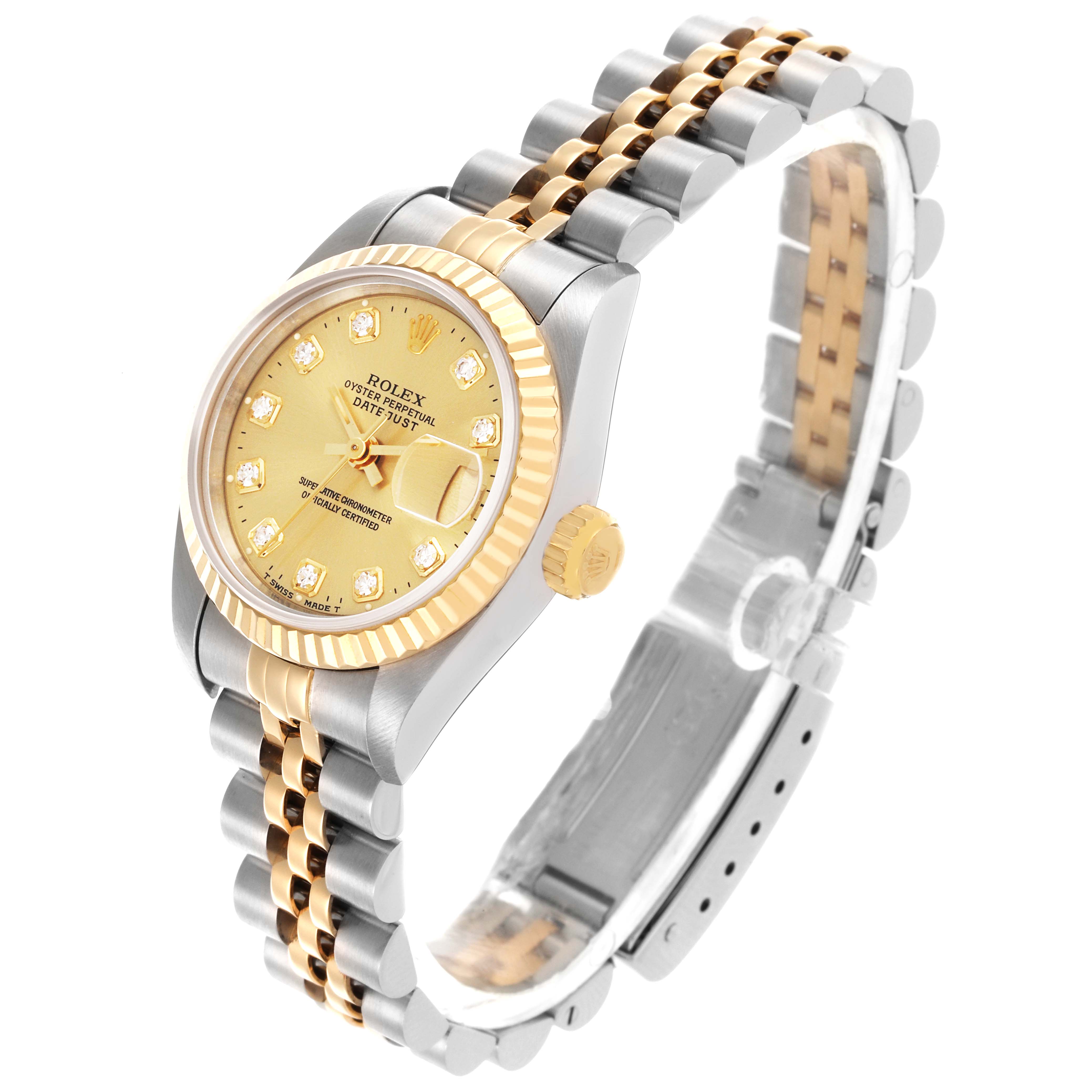This Rolex Datejust 69173 Women's Steel and Gold (two tone) Champagne Dial 69173 Women's Steel and Gold (two tone) Champagne Dial watch is shown at a three-quarter angle, highlighting the dial, bezel, crown, and bracelet.