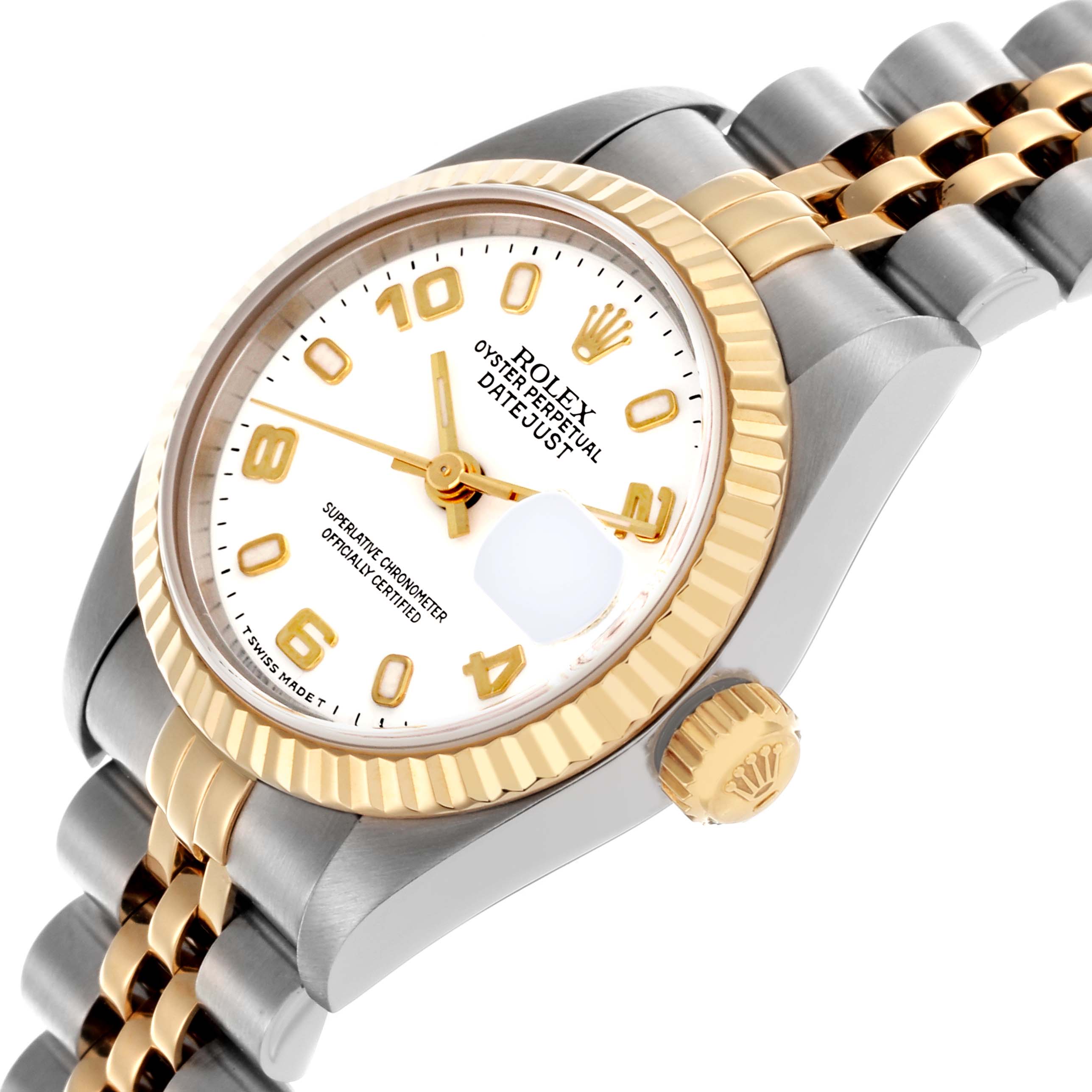 The Rolex Datejust 69173 Women's Steel and Gold (two tone) White Dial 69173 Women's Steel and Gold (two tone) White Dial watch is shown at an angled view highlighting the dial, bezel, crown, and bracelet.
