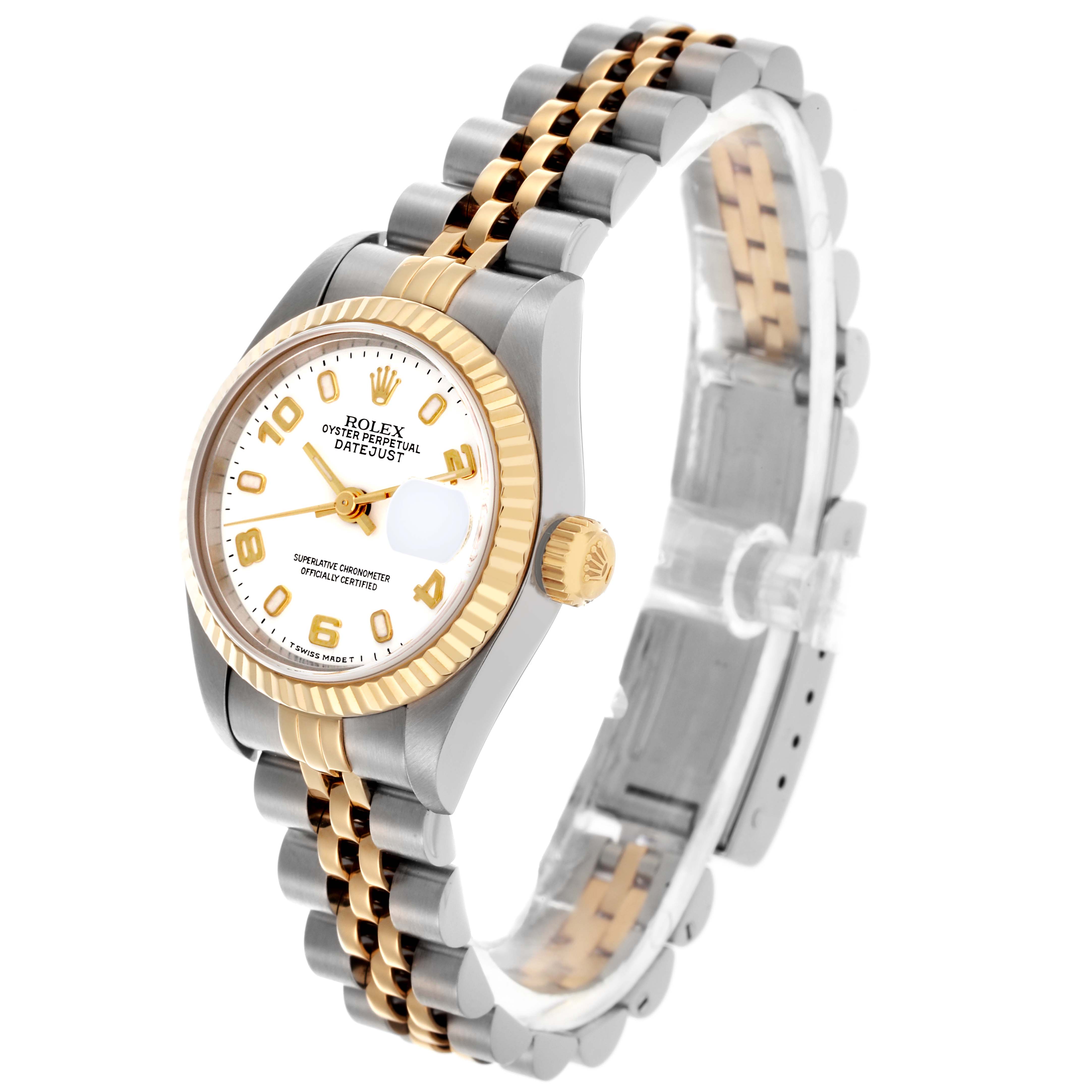 The Rolex Datejust 69173 Women's Steel and Gold (two tone) White Dial 69173 Women's Steel and Gold (two tone) White Dial watch is shown from a side angle, highlighting the bezel, dial, case, and two-tone bracelet.