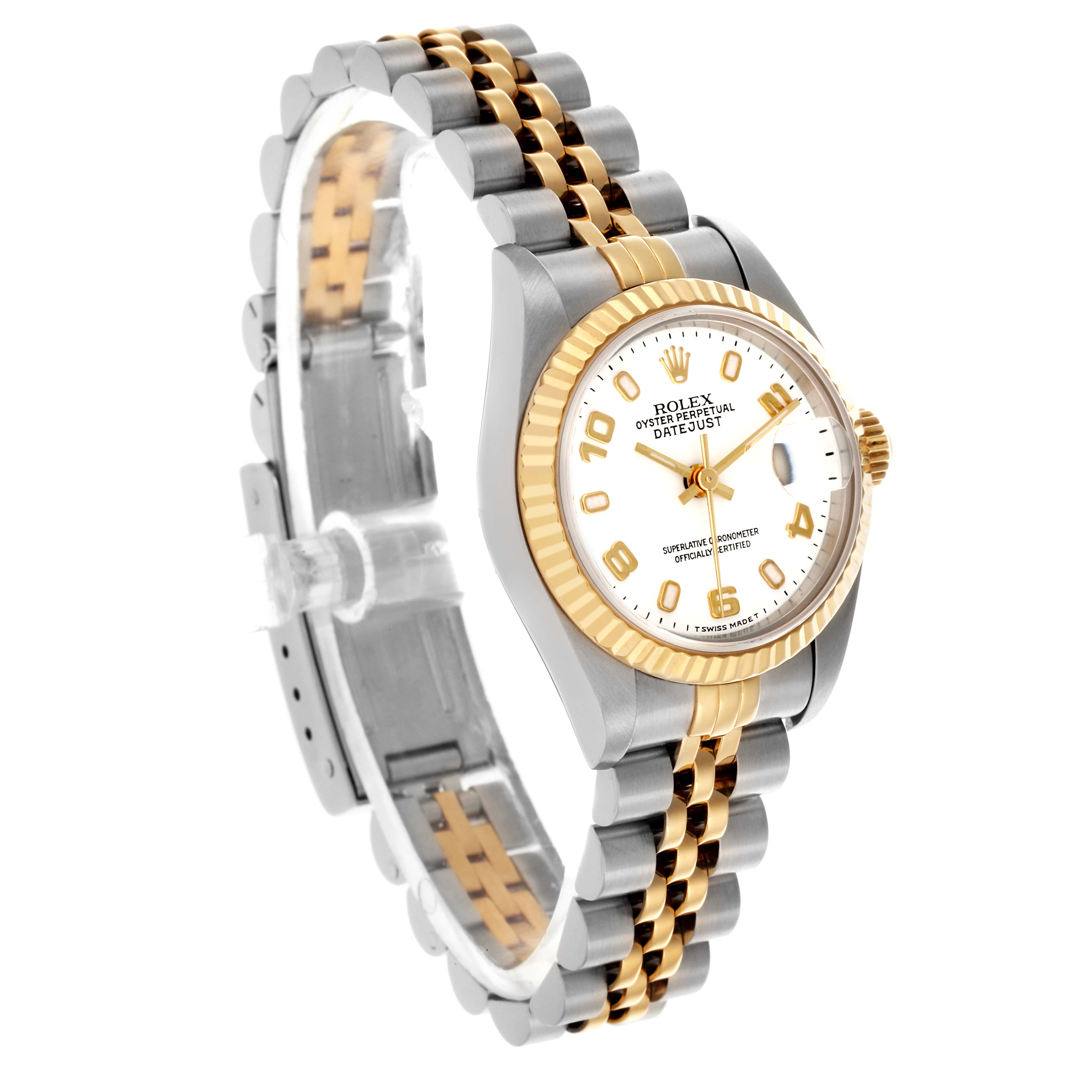 The Rolex Datejust 69173 Women's Steel and Gold (two tone) White Dial 69173 Women's Steel and Gold (two tone) White Dial watch is shown at a three-quarter angle, highlighting the face, bezel, and two-tone bracelet.