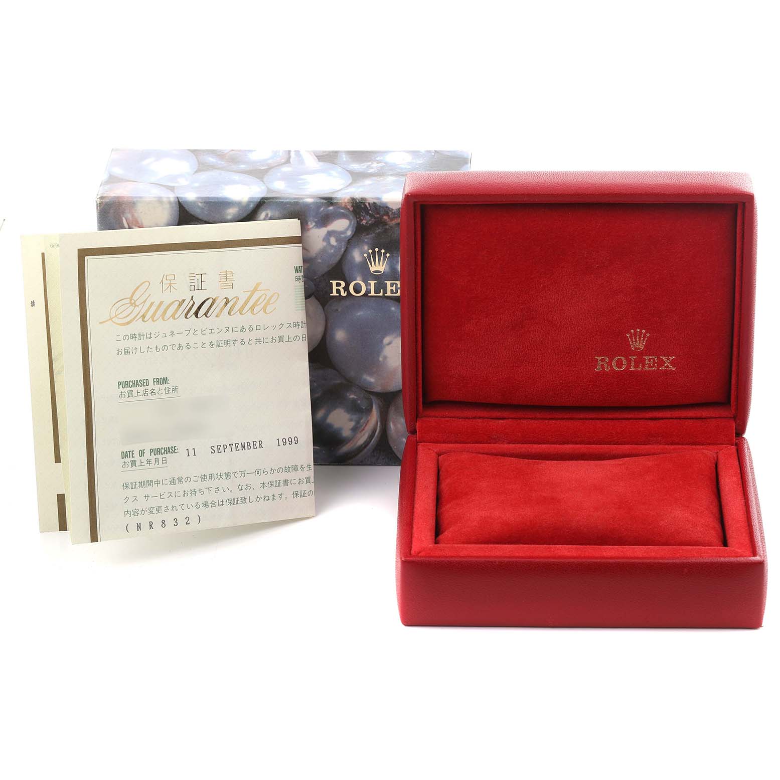 The image shows the packaging and warranty card for a Rolex Datejust 69173 Women's Steel and Gold (two tone) White Dial 69173 Women's Steel and Gold (two tone) White Dial watch, with a red box and decorative outer box.