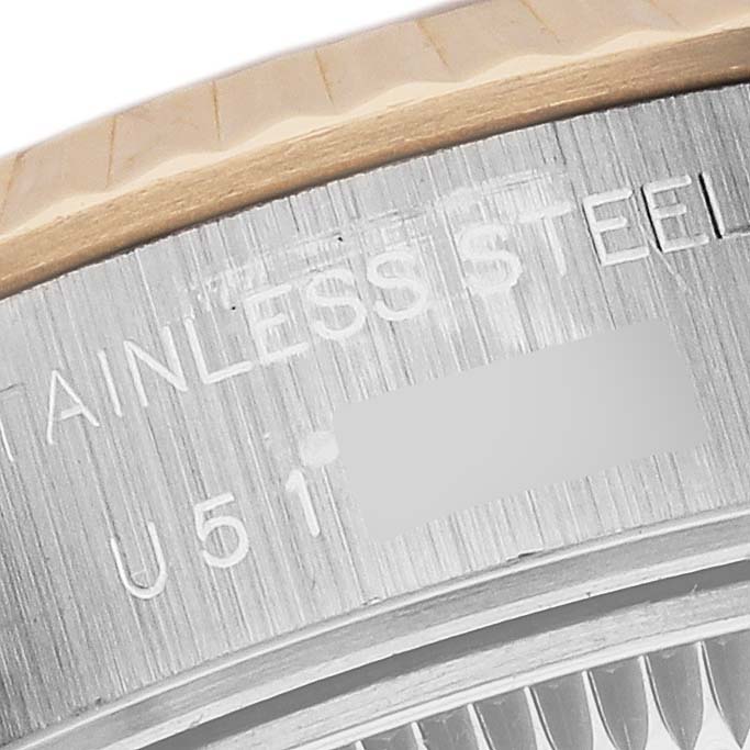 This image shows a close-up of the side of the Rolex Datejust 69173 Women's Steel and Gold (two tone) White Dial 69173 Women's Steel and Gold (two tone) White Dial, focusing on the stainless steel part of the case.