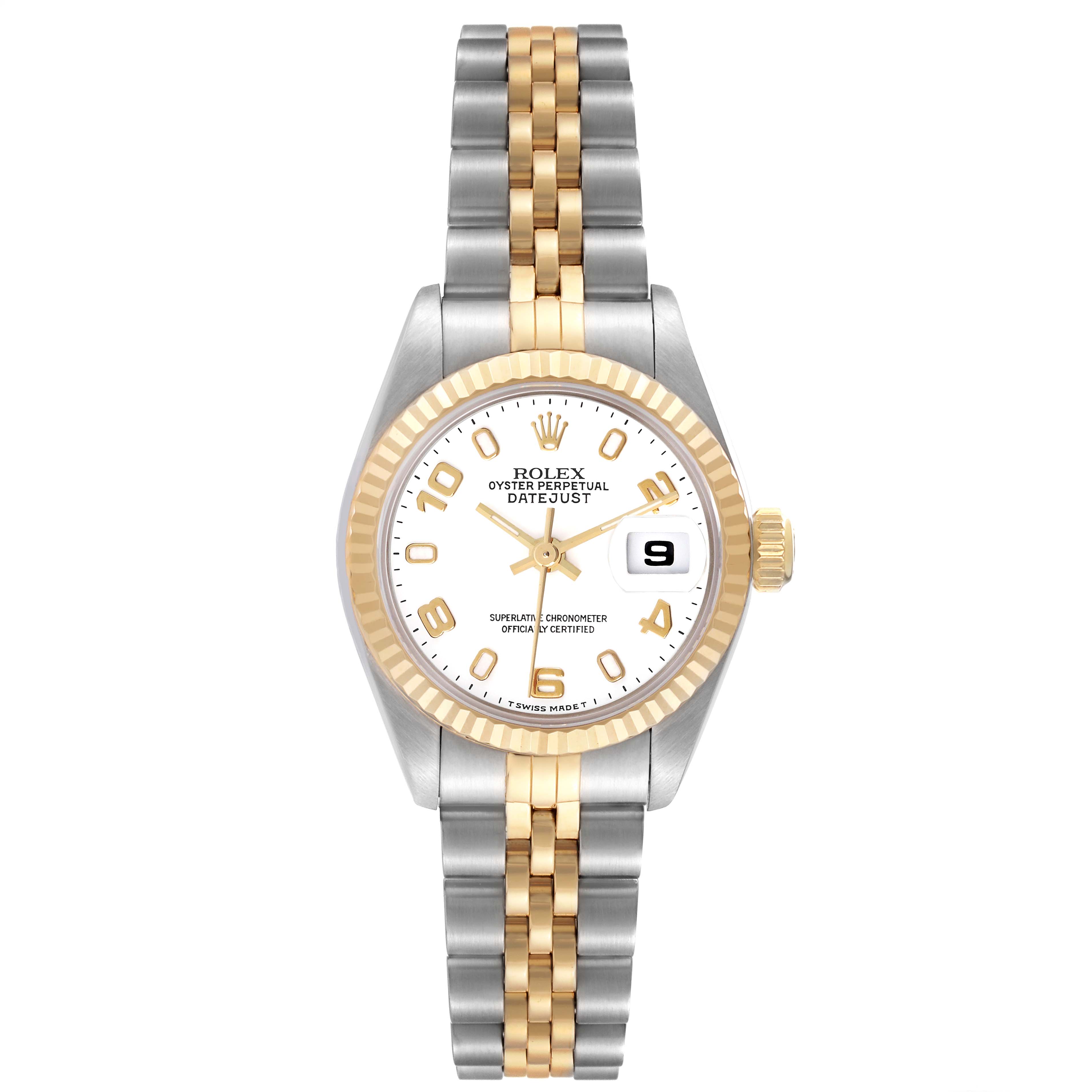 The Rolex Datejust 69173 Women's Steel and Gold (two tone) White Dial 69173 Women's Steel and Gold (two tone) White Dial watch is shown from a top view, highlighting the face, bezel, and two-tone bracelet.