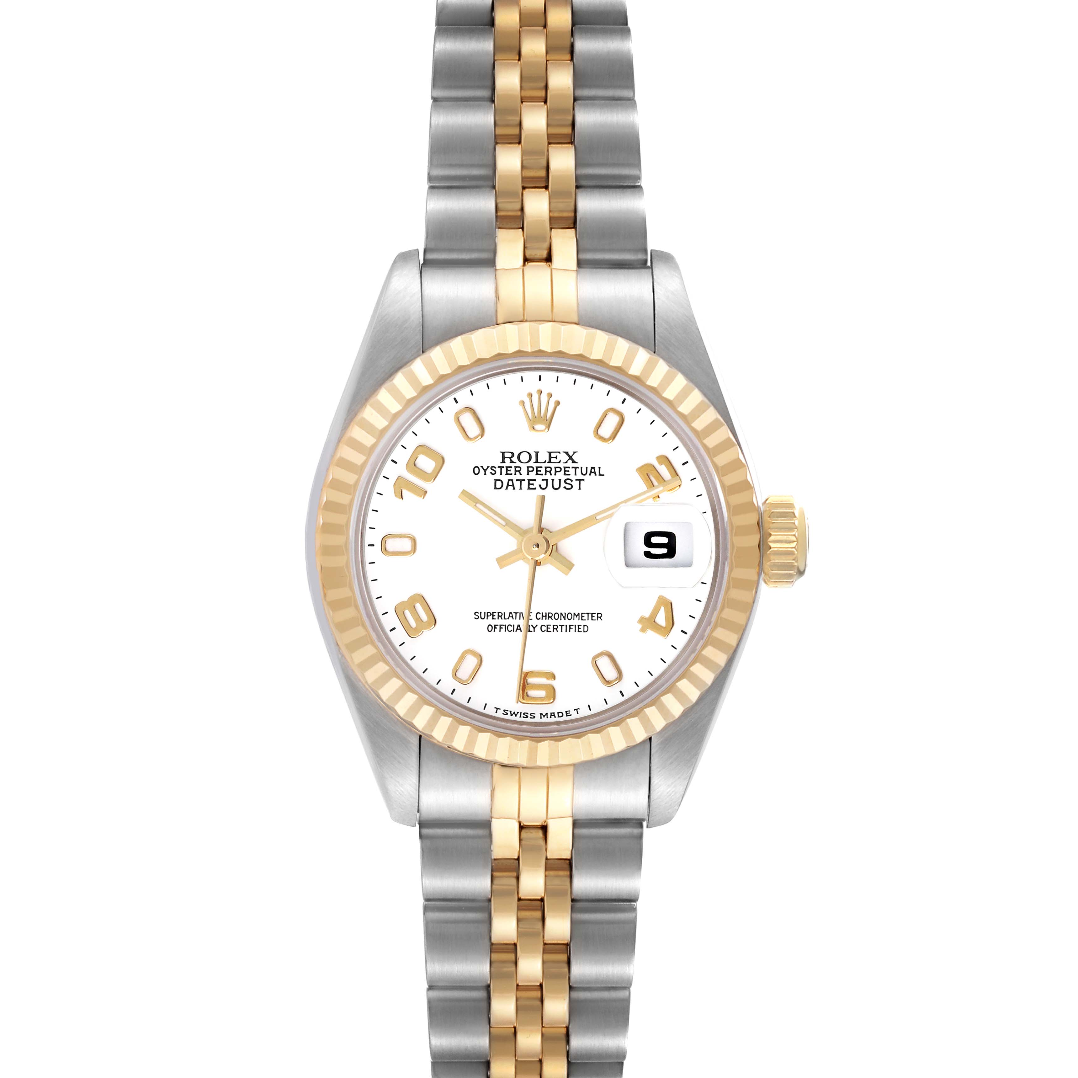 The Rolex Datejust 69173 Women's Steel and Gold (two tone) White Dial 69173 Women's Steel and Gold (two tone) White Dial watch is shown from the front, displaying its two-tone bracelet, bezel, dial, and date.