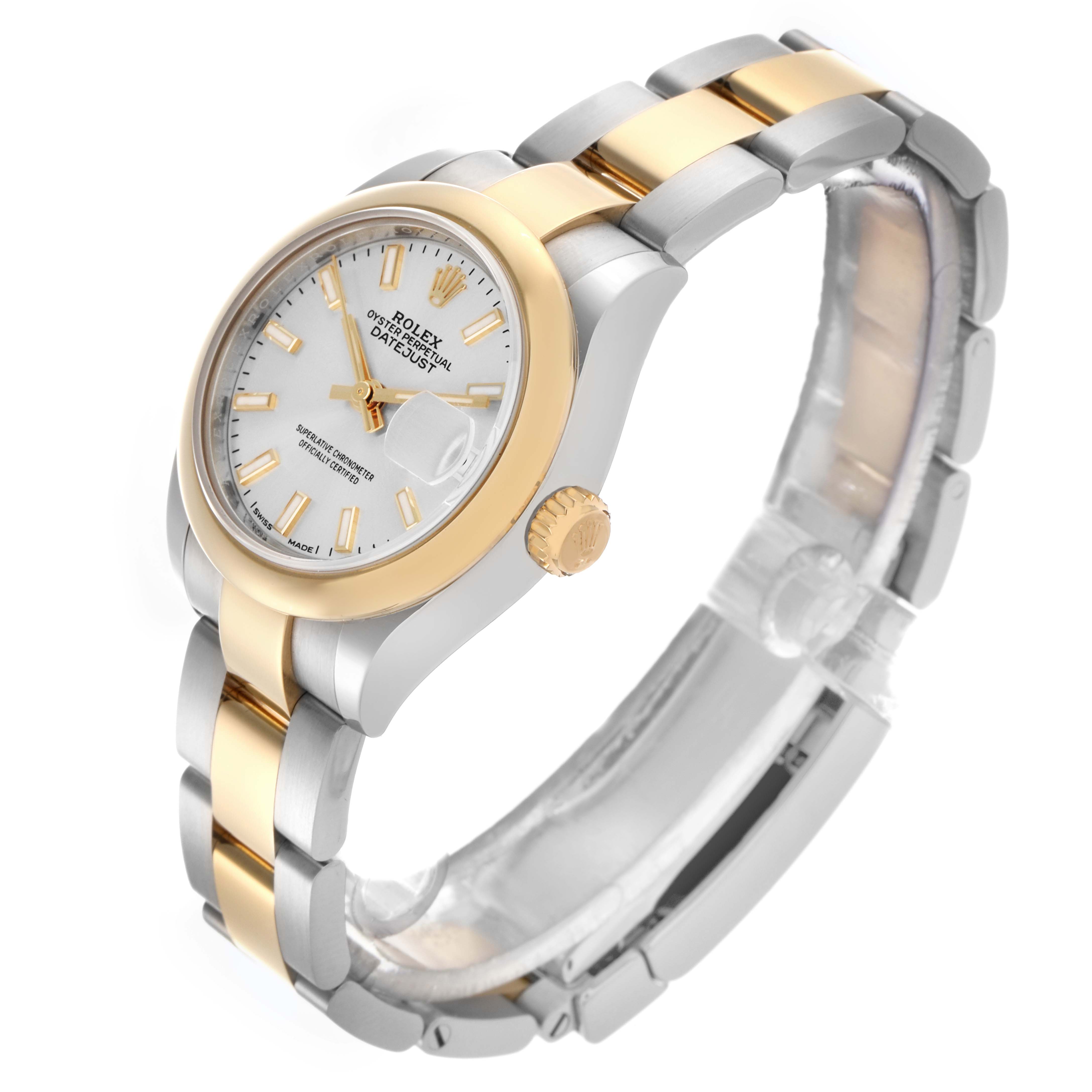 The Rolex Datejust 279163 Women's Steel and Gold (two tone) Silver Dial watch is shown at a slight left angle, highlighting the face, crown, and two-tone bracelet.