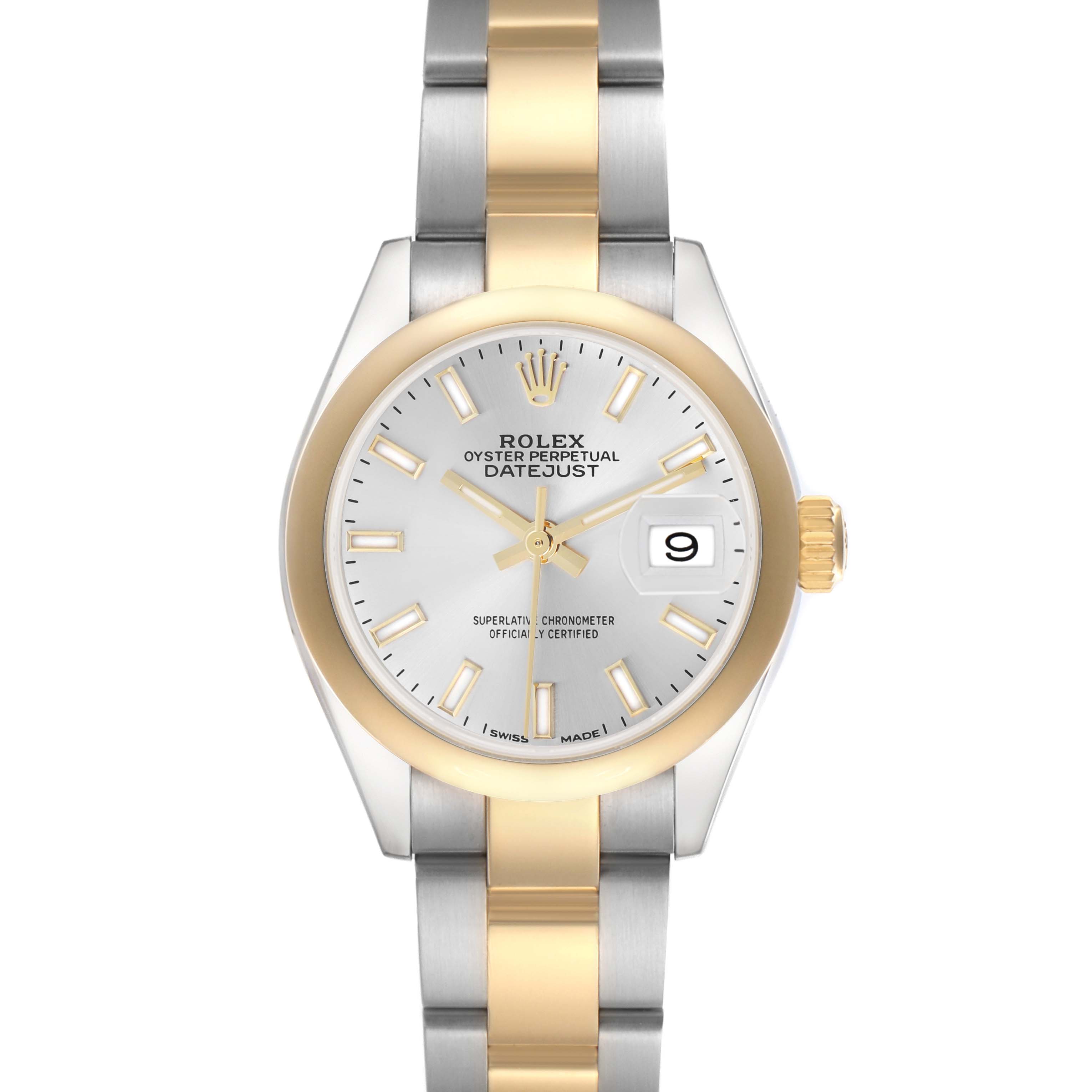 The Rolex Datejust 279163 Women's Steel and Gold (two tone) Silver Dial watch is shown from a front angle, featuring a gold and silver bracelet, white dial, and date window.