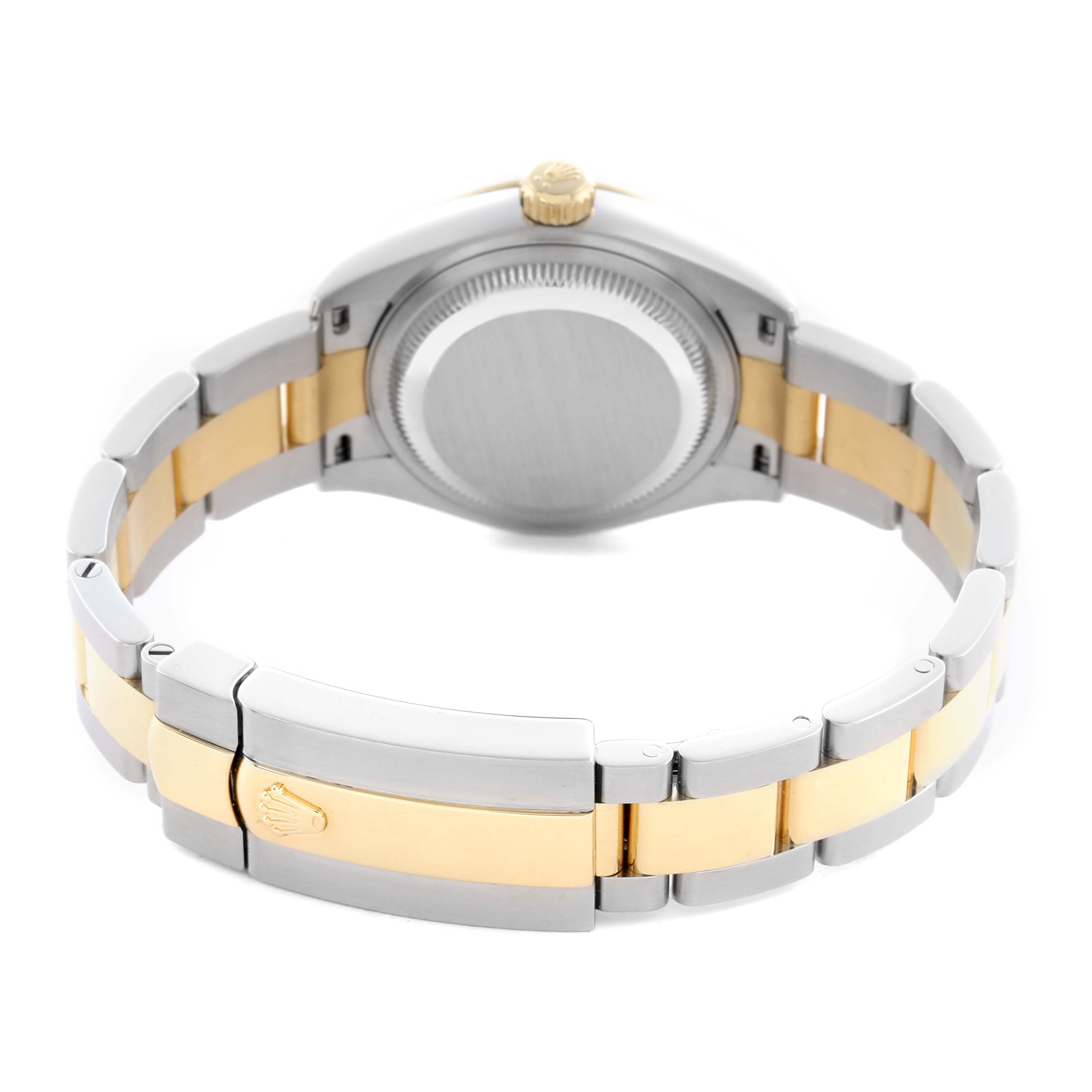 The Rolex Datejust 279163 Women's Steel and Gold (two tone) Silver Dial watch is shown from the back, highlighting the case back, crown, and two-tone bracelet with clasp.
