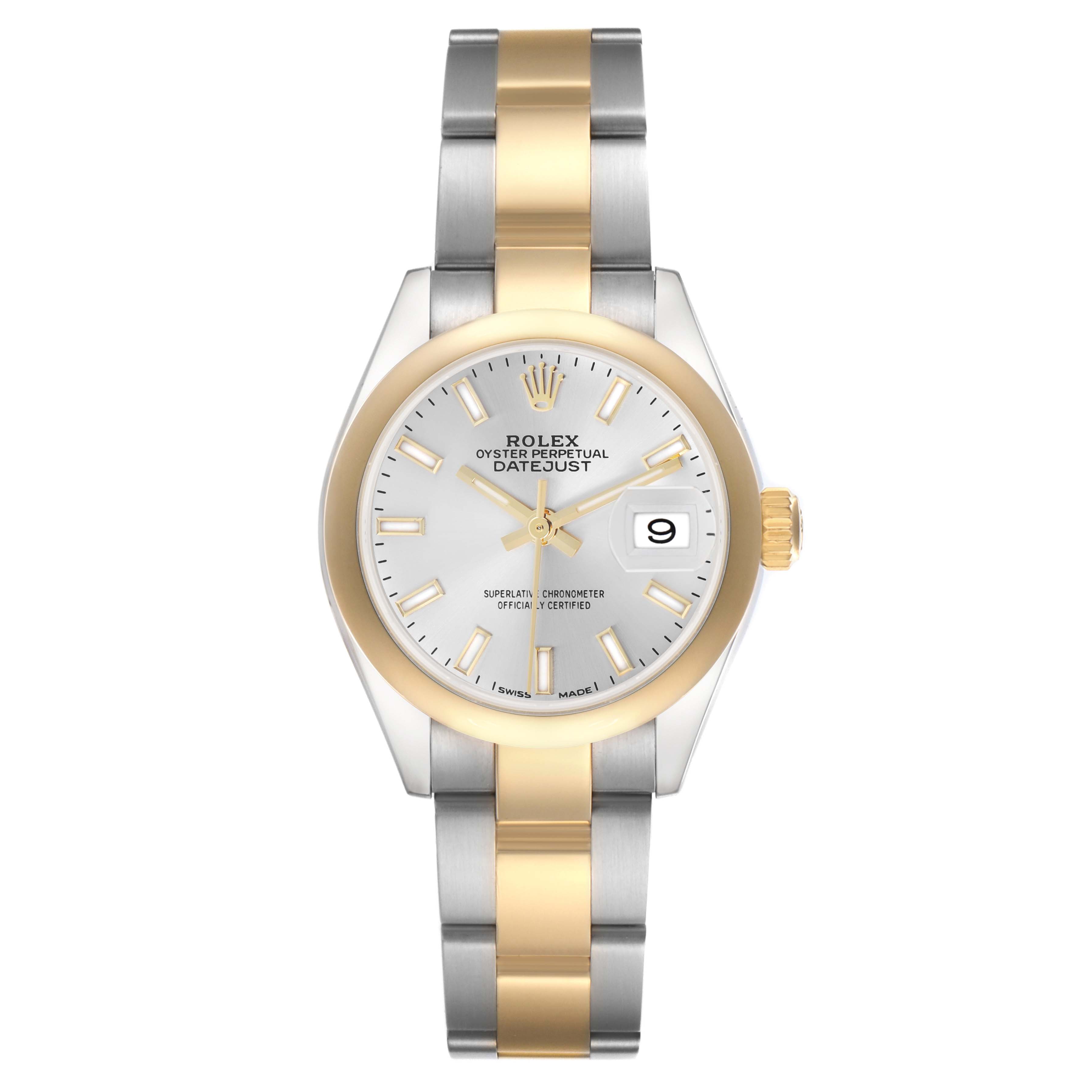 The Rolex Datejust 279163 Women's Steel and Gold (two tone) Silver Dial watch is shown from a top view, highlighting its dial, bezel, crown, and bi-tone bracelet.