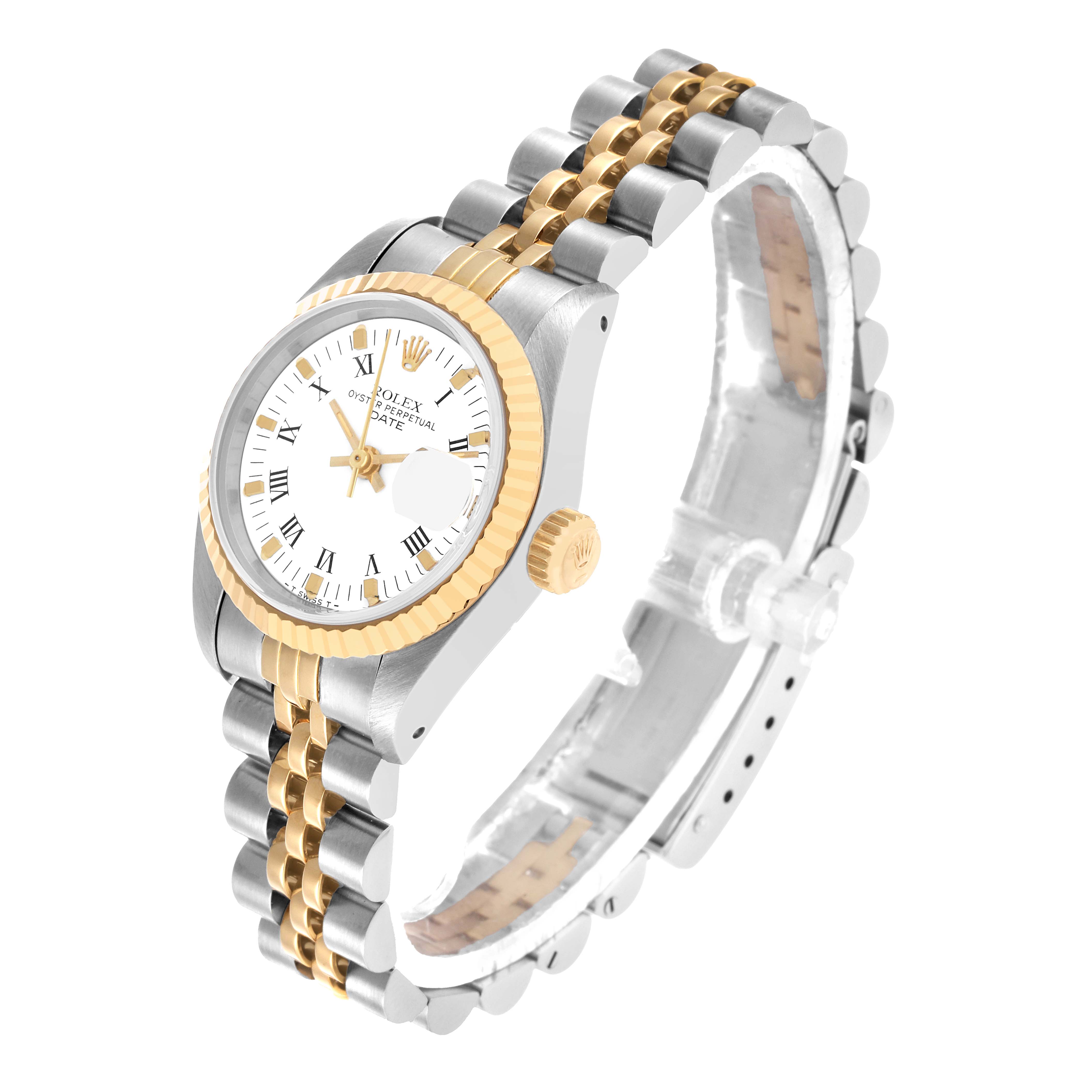 The Rolex Datejust 69173 Women's Steel and Gold (two tone) White Dial watch is shown at a side angle, highlighting the bezel, crown, bracelet, and white dial.