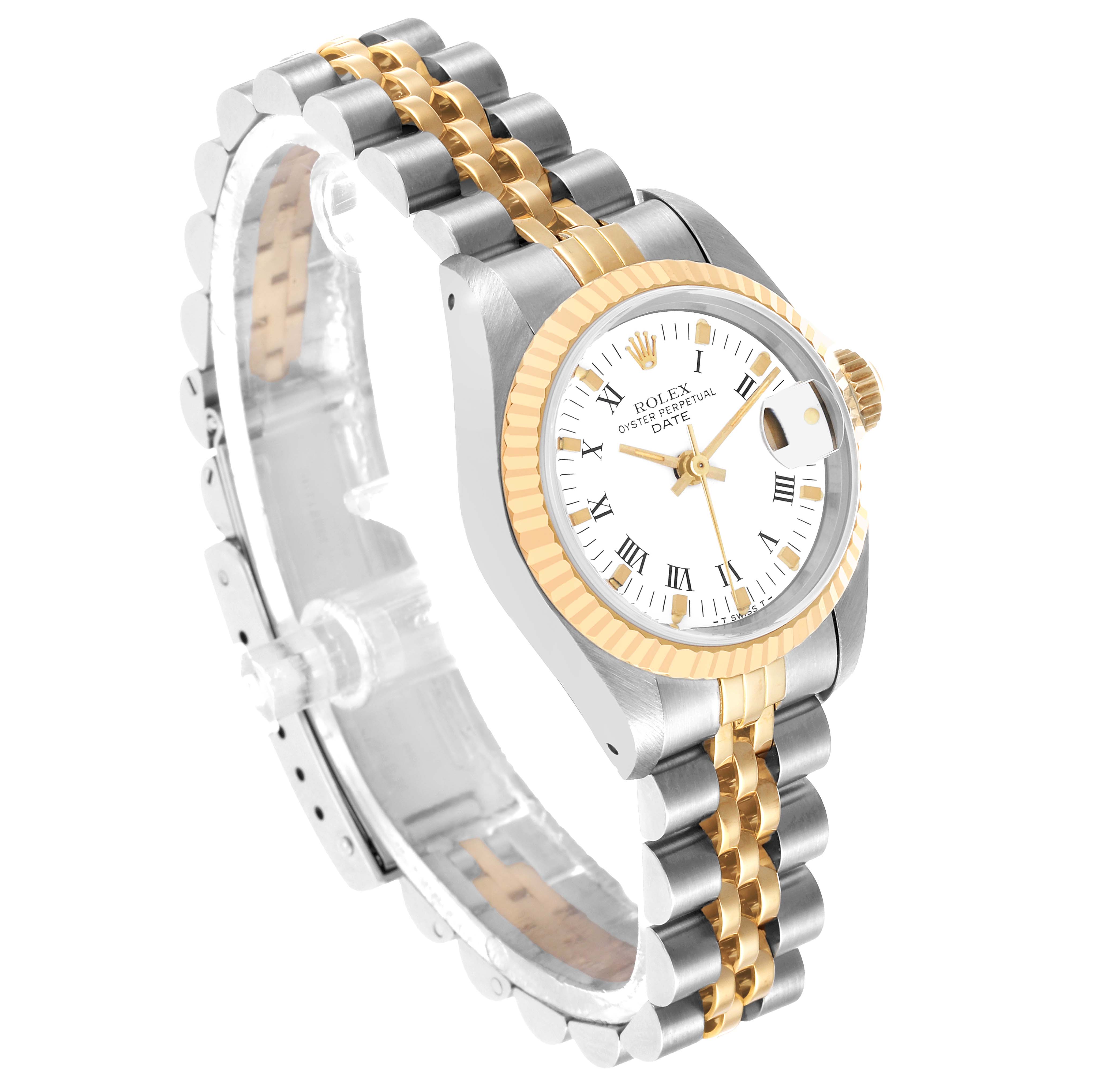 The Rolex Datejust 69173 Women's Steel and Gold (two tone) White Dial watch is shown at an angled view, displaying the face, bezel, crown, and part of the two-tone bracelet.