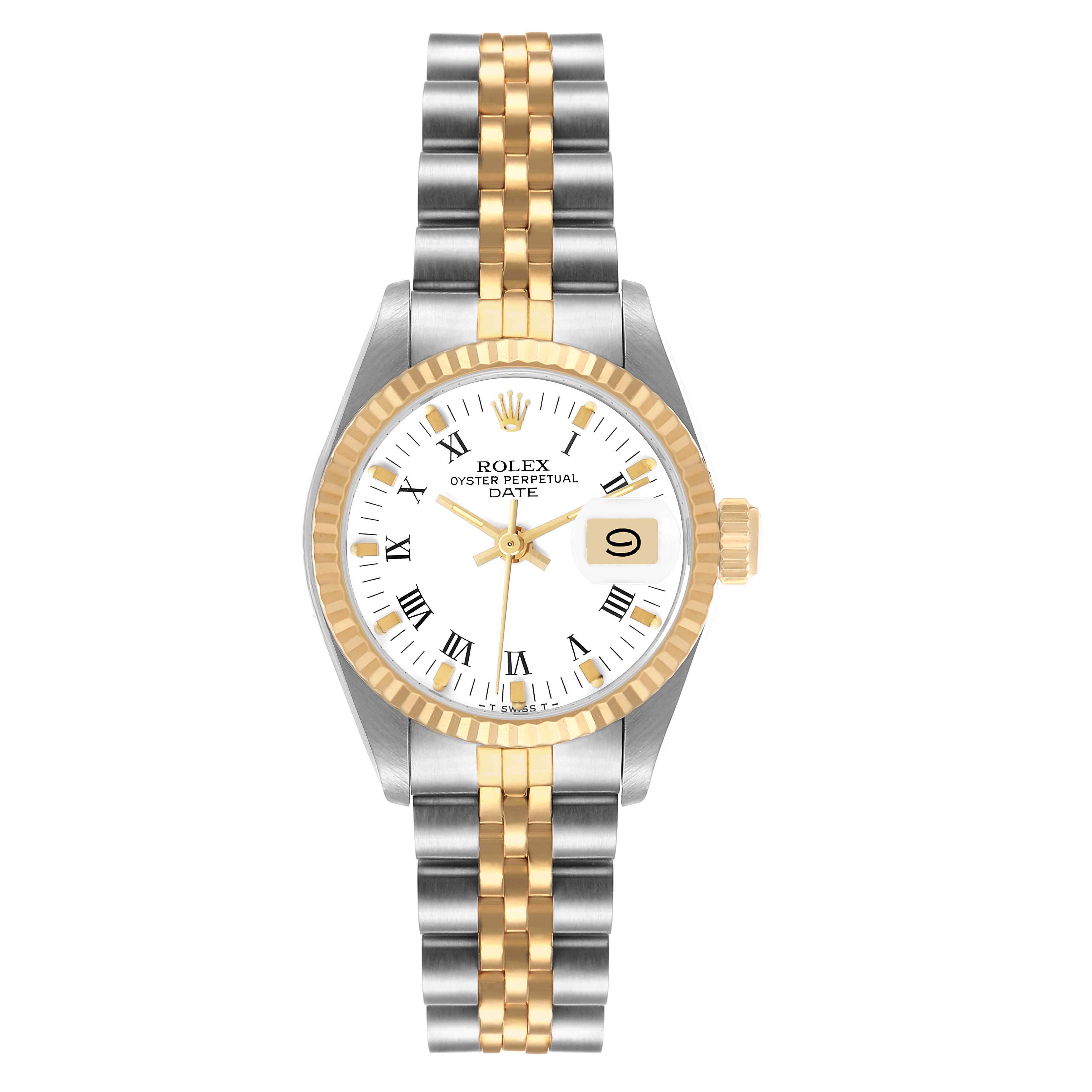 The Rolex Datejust 69173 Women's Steel and Gold (two tone) White Dial watch is shown from a top view, highlighting its dial, bezel, and two-tone bracelet.
